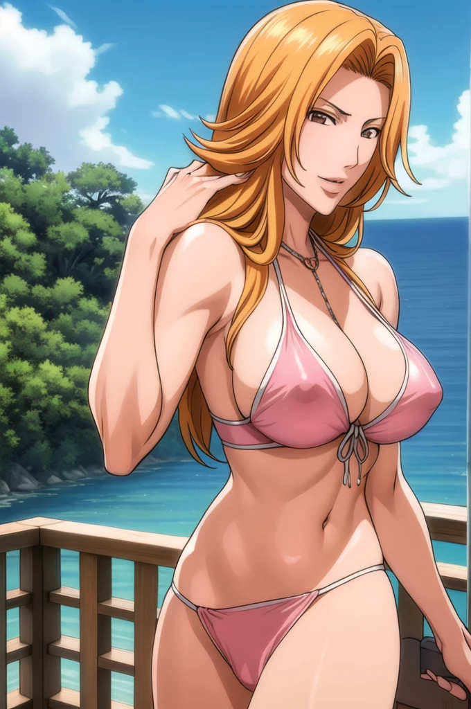 Matsumoto Rangiku Matsumoto Rangiku, masterpiece, best quality, a sexy mature woman in red swimsuit posing in the garden behind a balcony, 1girl, solo, multiple cutout swimsuit, breasts, jewelry, one-piece swimsuit, arms up, armpits, thong, red one-piece swimsuit, latex, cleavage, open navel, covered nipples, sexy smile, 