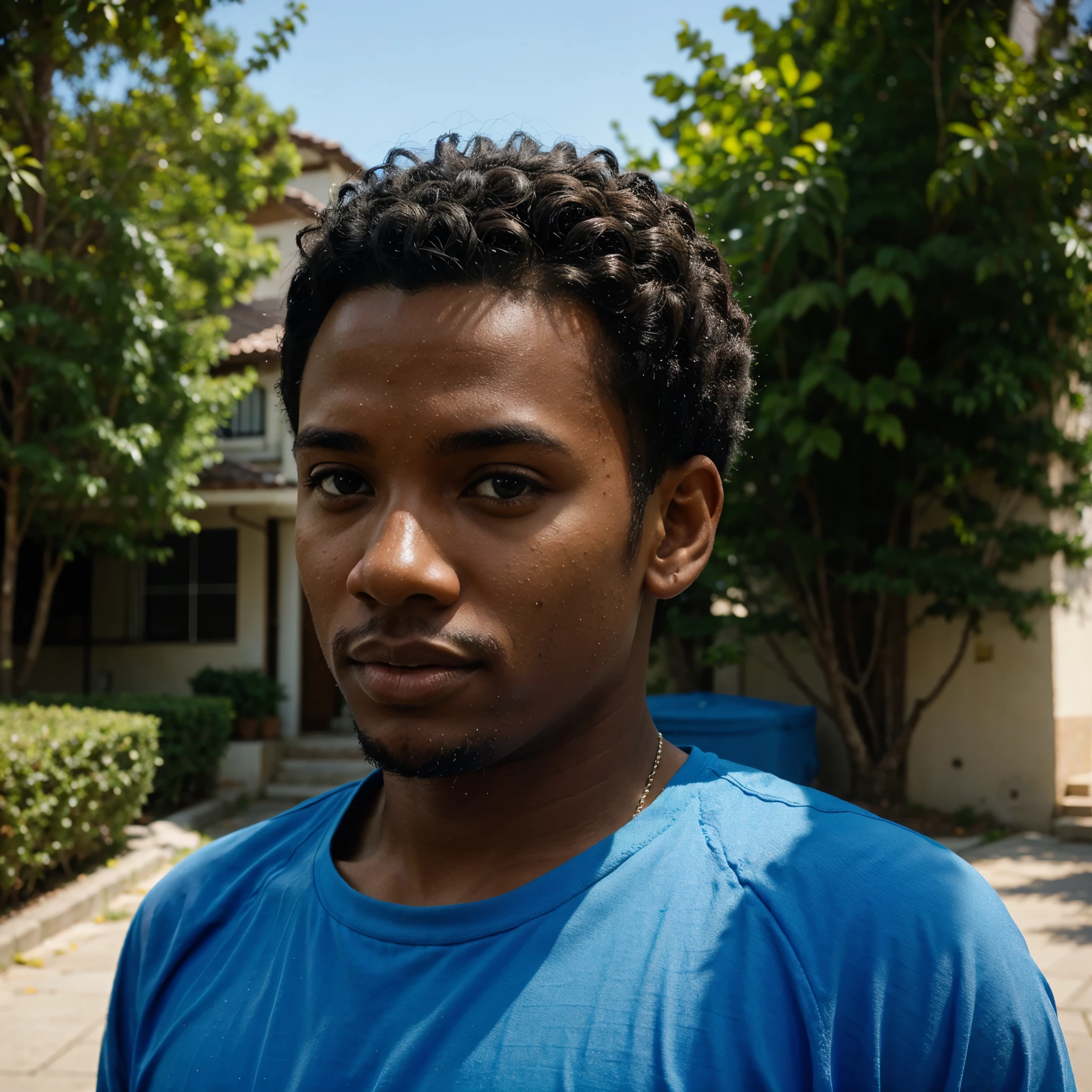 Black boy around 23 years, photo taken from below, with a blue sky background