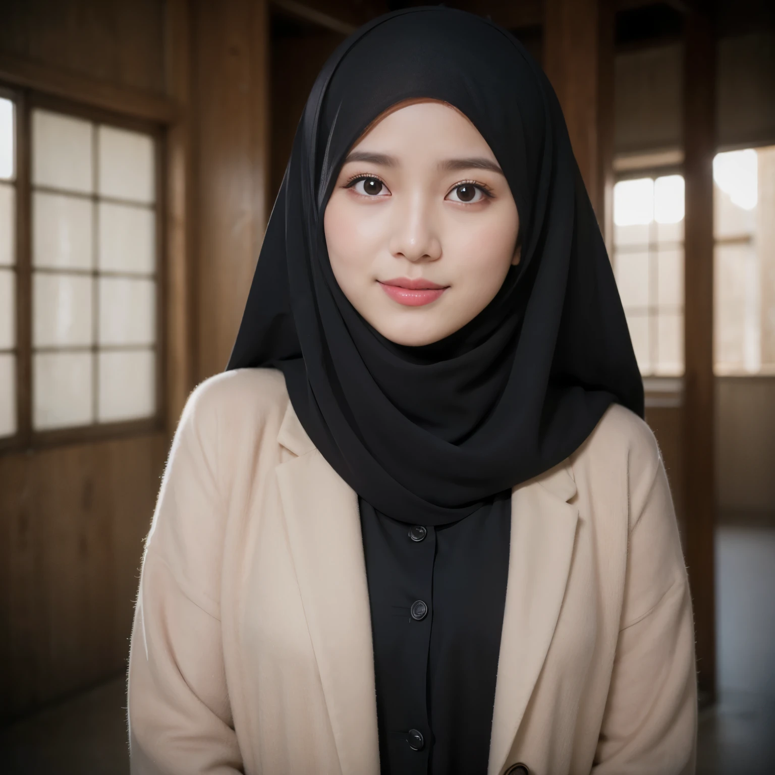 Muslim girl, hijab, (8K, RAW photo, highest quality, High resolution:1.1), (hyperrealistic:1.4),(realistic, photorealistic:1.3), soft light,realistic face,realistic body,realistic skin,disorganized,masterpiece,(cute:1.8), , baby face, Bs,(big:1.2),fine black eyes,innocent eyes,droopy eyes,Watery eye,open lips,blush,good style,colorful lights,film Grain,smile,full Body,blurred background,young,85mm lens, f/ 1.4,professional lighting,portrait,photon mapping,radio city,Physically based rendering,japanese girl, wearing black matte hijab, black abaya, twirling hijab, sky blue jacket, reading al quran, in a bussy mosque,