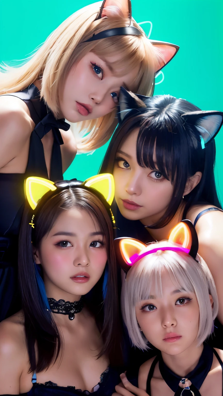 masterpiece, 4k, Bokeh, beautiful face, Harem, (multiple girls:1.4), (Group Photo:1.5), (Cat ears:1.3), (white bob hair:1.3) , looking at the viewer, cowboy shot, holding many cats in both hands, (Neon blue background :1.4), closeup