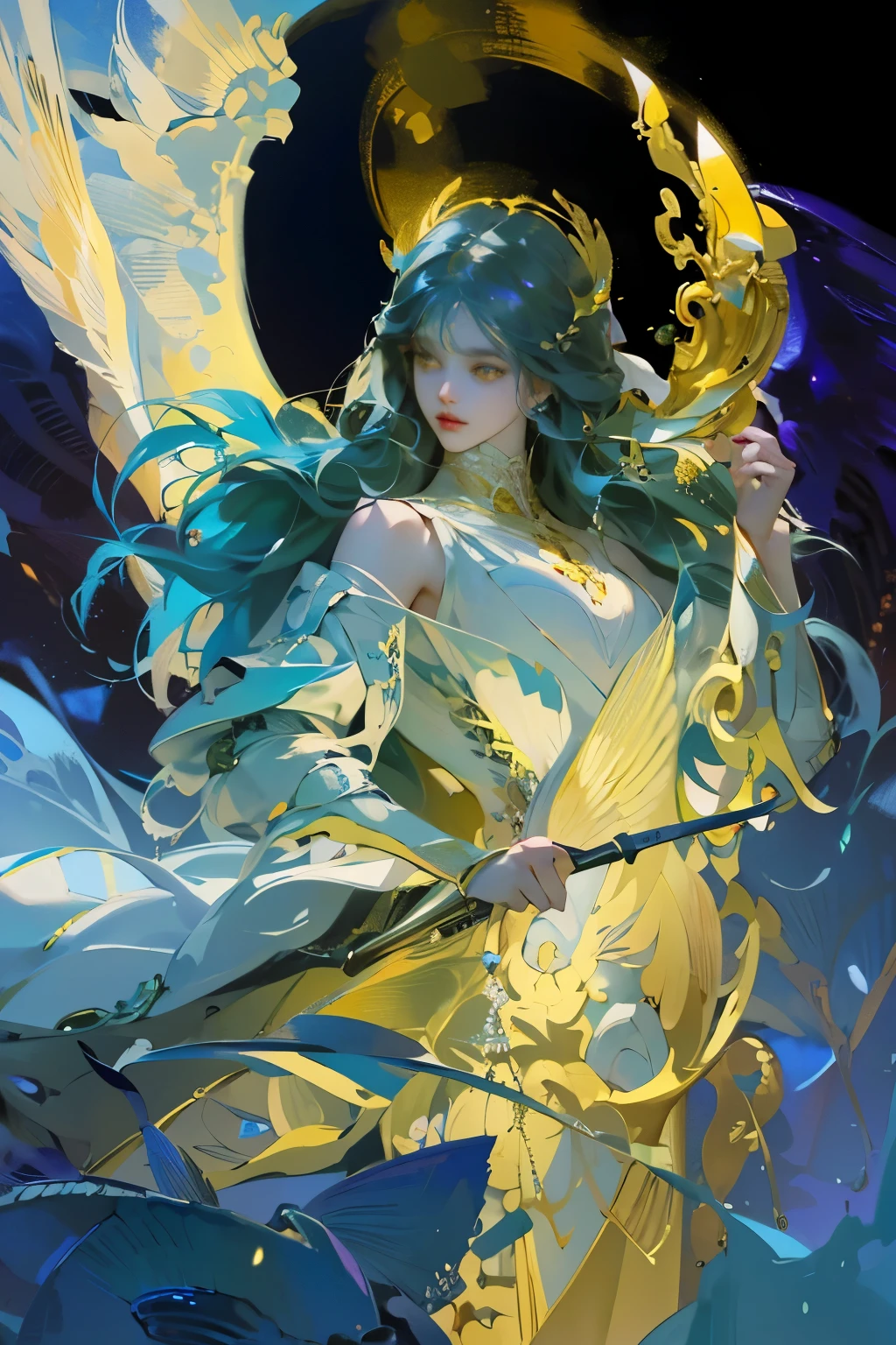 ((raw photo)), ((masterpiece)), anthropomorphic humanoid AngelGirl wearing nun's armor, intricate detail, futobot, intricate Greebles pieces, sea behind, yellow wings, beautiful, detailed eyes and lips