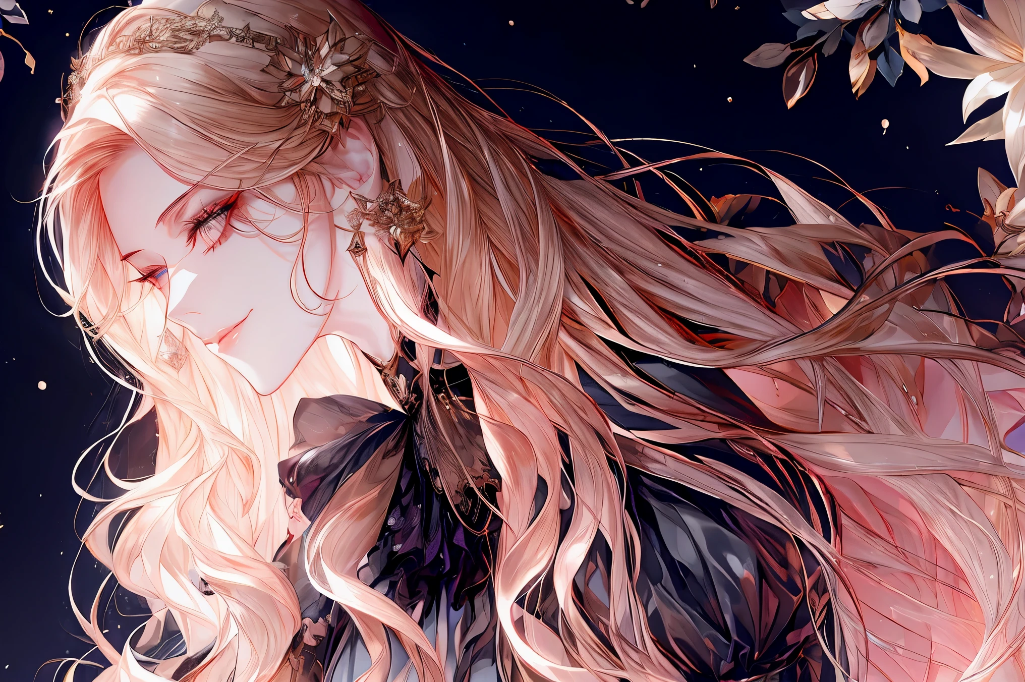 (((shoujo-style))), (romance manhwa), 1girl, blonde hair, solo, long hair, (earrings), flower, rose, crystalline, dress, tiara, white dress, gloves, long sleeves, choker, mascara, makeup, elbow gloves, bow, floating hair, bra, jewelry, looking at viewer, collarbone, puffy sleeves, golden accessories, upper body, parted bangs, very long hair, black dress, frills, bangs, closed mouth, smile, outdoors, detailed eyes, dynamic cut,