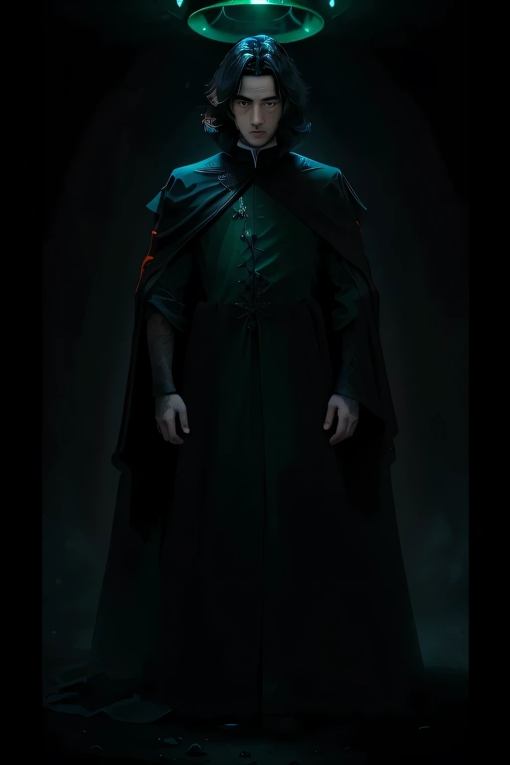 Create a UHD wallpaper art featuring Severus Snape, the enigmatic potions master, in a nightmarish setting. His piercing light green eyes emit an eerie glow, adding an air of mystery to his intense gaze. The scene is bathed in bright colors, with light particles floating in the air, creating an otherworldly atmosphere. This highly detailed illustration captures Snape's brooding presence, as if he has just emerged from the depths of his potions dungeon. The wallpaper's ultra-high-definition quality allows every intricate detail to shine, making it a captivating centerpiece for any screen or wall.