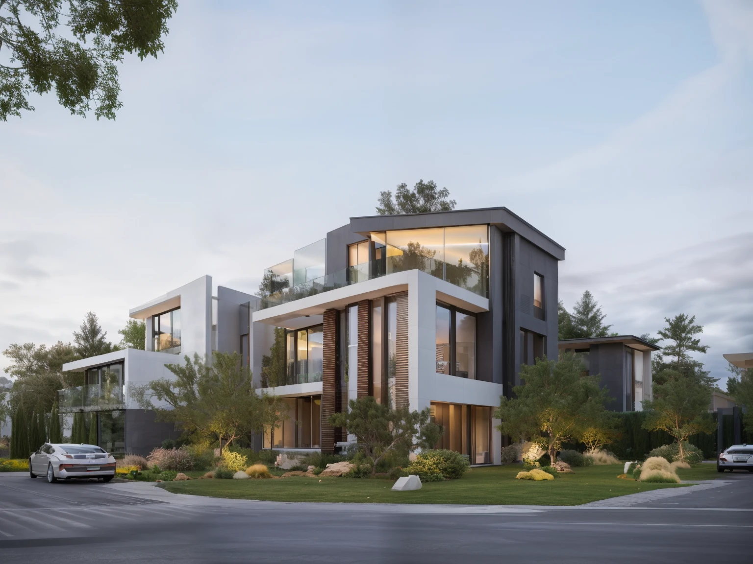 modern house, beautiful view, large windows, ((white wall)), (glass railings), surrounded by trees, lawn, (large sliding glass doors), linear straight line, sunset light, neutral colored lights, beautiful, cloudy sky, landscape, plain terrain, RAW photo, subject, 8k uhd, dslr, soft lighting, high quality, film grain, Fujifilm XT3