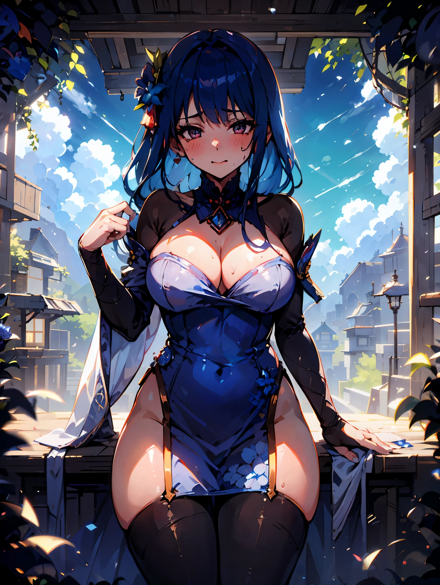 pieces fly, highest quality, anime images, anime style etc.., hired \(genshin impact\),cheeks are bright red,超embarrassing, dislike,Face of patience,1 girl,ticker,fit figure, I can see the pussy , blush, colorful pastel fantasy,sexy pose,super detailed background,quality scenery,embarrassing,blushing face,sweaty,(((25 years old))),blue hair,black full body tights,blue costume,bell collar,detached blue sleeves,white and blue costume,red string around waist,China dress