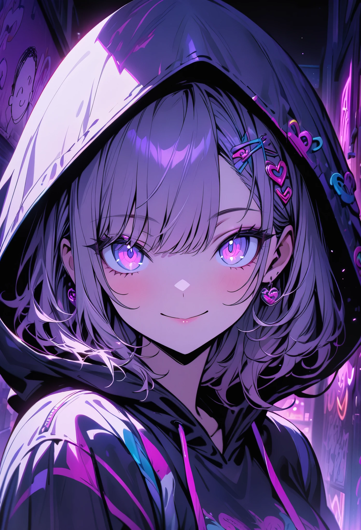 Detailed background, masterpiece, best quality, Smile, decoration, hood, portrait, neon pink, doodle, dark, night, Bright Eyes, Purple light