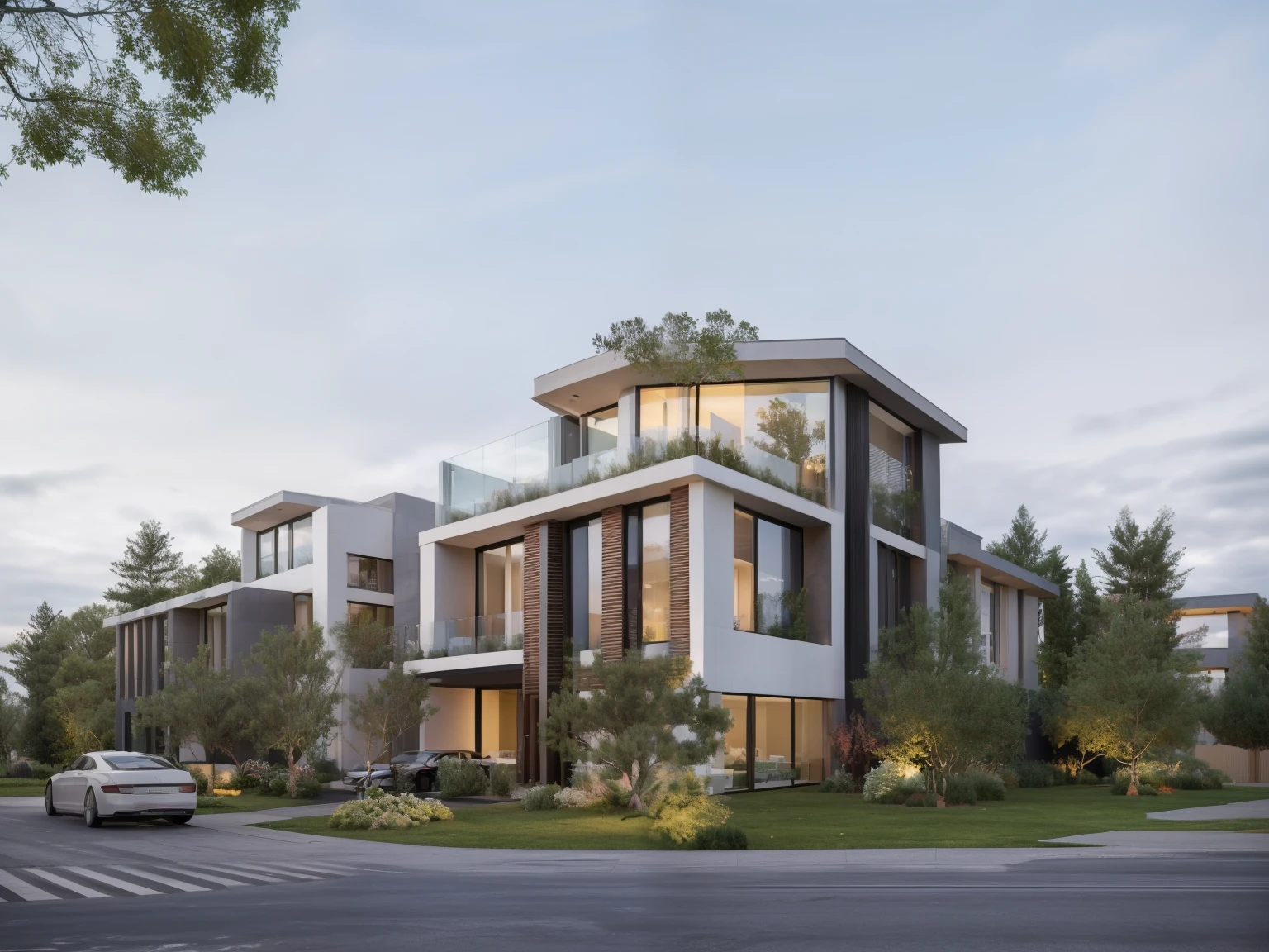 modern house, beautiful view, large windows, ((white wall)), (glass railings), surrounded by trees, lawn, (large sliding glass doors), linear straight line, sunset light, neutral colored lights, beautiful, cloudy sky, landscape, plain terrain, RAW photo, subject, 8k uhd, dslr, soft lighting, high quality, film grain, Fujifilm XT3