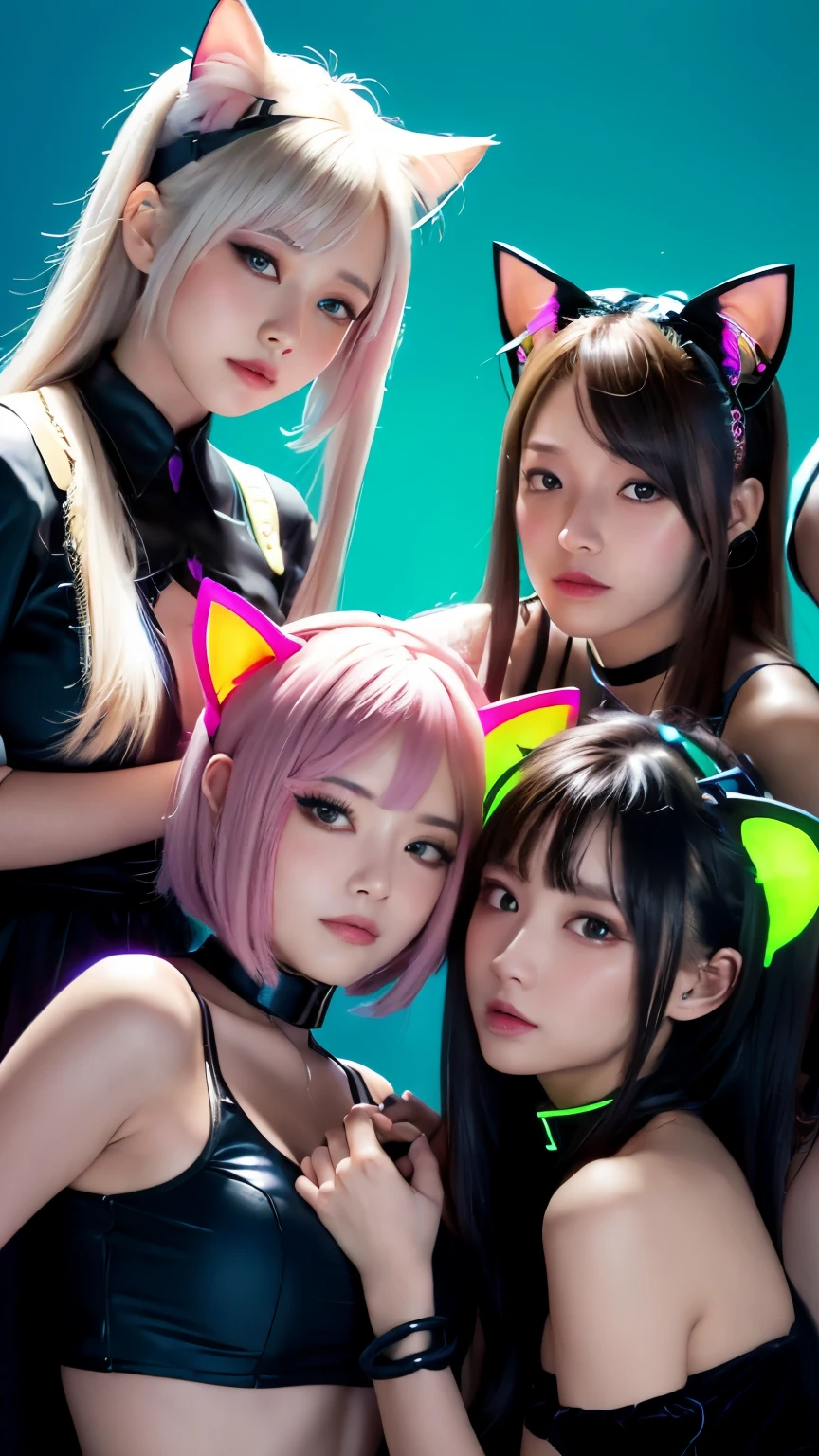 masterpiece, 4k, Bokeh, beautiful face, Harem, (multiple girls:1.4), (Group Photo:1.5), (Cat ears:1.3), (white bob hair:1.3) , looking at the viewer, cowboy shot, holding many cats in both hands, (Neon purple background :1.4), closeup