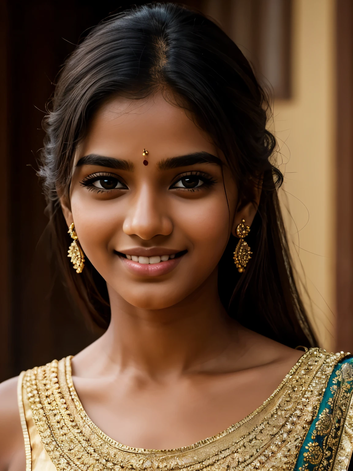 (high quality, masterpiece, HDR, 256K), (hyper-realistic, photorealism) 20 year old extremely beautiful Tamil girl, (intricate detailed extremely beautiful face, eyes, ears, nose, lips, textured skin), eyes symmetry, (bright smile)