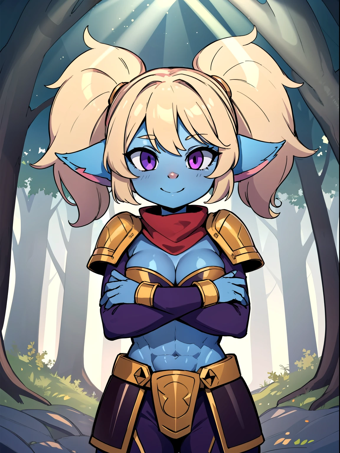 poppy, twintails,blue skin,furry,fluffy ears,yordle,shortstack,1girl,blonde hair,standing up,purple eyes,arms wide,hands,breasts,(armor),forest,sunlight,bush,abs,smile,hand on tree