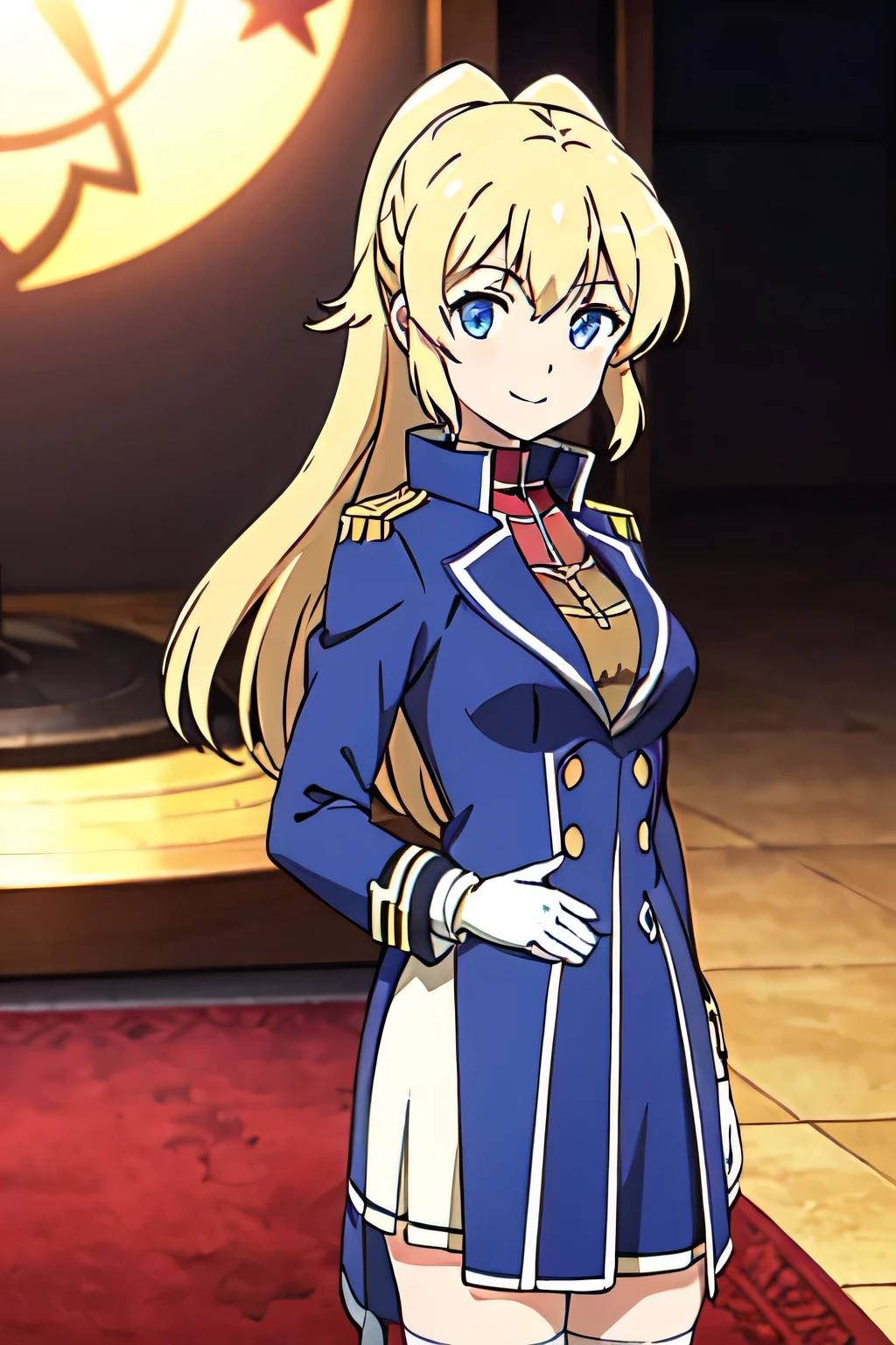 YUINSHIELASTERIA, LONG HAIR, PONYTAIL, ASTERIABASE, LONG HAIR, PONYTAIL, RED SHIRT, WHITE SKIRT, (BLUE COAT:1.3), EPAULETTES, WHITE THIGHHIGHS, WHITE GLOVES, 1girl, solo, upper body, facing viewer, (looking at viewer:1.5), in the center, smile
