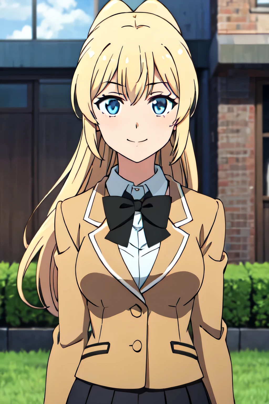 YUINSHIELASTERIA, LONG HAIR, PONYTAIL, ASTERIASCHOOL, LONG HAIR, PONYTAIL, BROWN JACKET, BLACK BOWTIE, BLACK SKIRT, 1girl, solo, upper body, facing viewer, (looking at viewer:1.5), in the center, smile