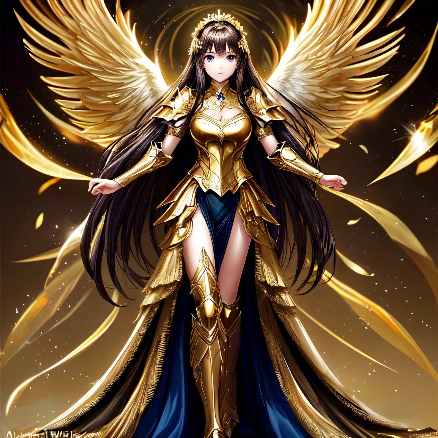 (masterpiece), (best quality), (high detail), best quality, extremely beautiful, beautiful face, angel woman, 4 big golden wing, full body. revealing armor with open_front_skirt, very long  dark hair