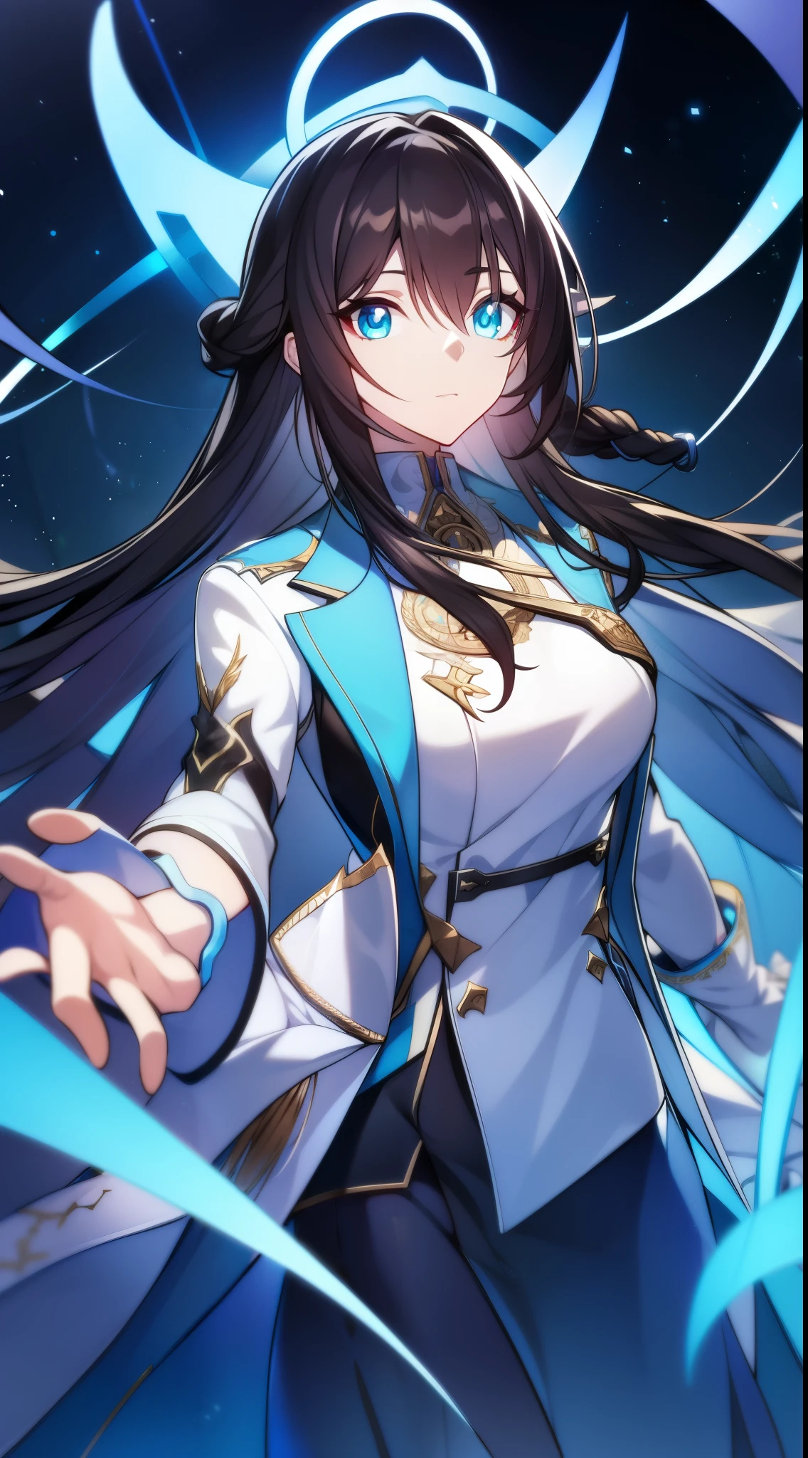 dr. amaurokara, long hair, black hair, cyan eyes, white pharmacist coat, cyan halo above, standing, visual novel cg style, BREAK looking at viewer, BREAK (masterpiece:1.2), best quality, high resolution, unity 8k wallpaper, (illustration:0.8), (beautiful detailed eyes:1.6), extremely detailed face, perfect lighting, extremely detailed CG, (perfect hands, perfect anatomy)