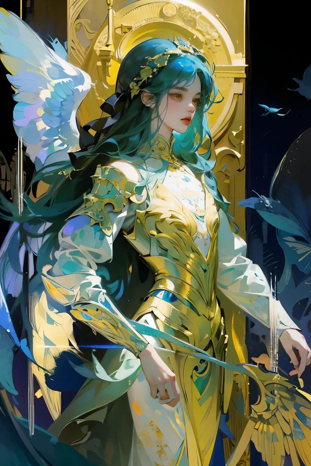 ((raw photo)), ((masterpiece)), anthropomorphic humanoid AngelGirl wearing nun's armor, intricate detail, futobot, intricate Greebles pieces, sea behind, yellow wings, beautiful, detailed eyes and lips