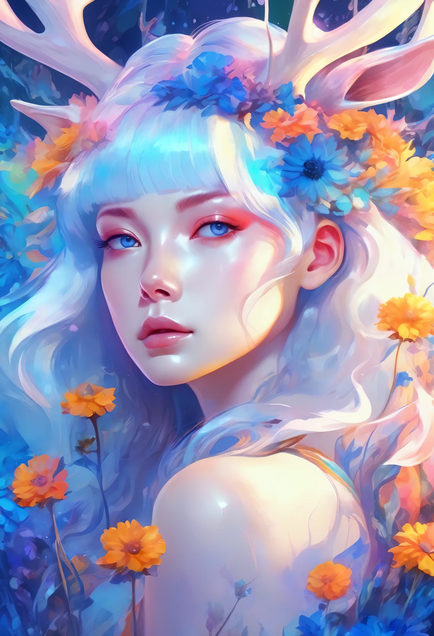 (psychedelic art:1.5), beautiful girl,personification,big color block,white,blue, Upper body, eyes closed,deer ,There are flowers,