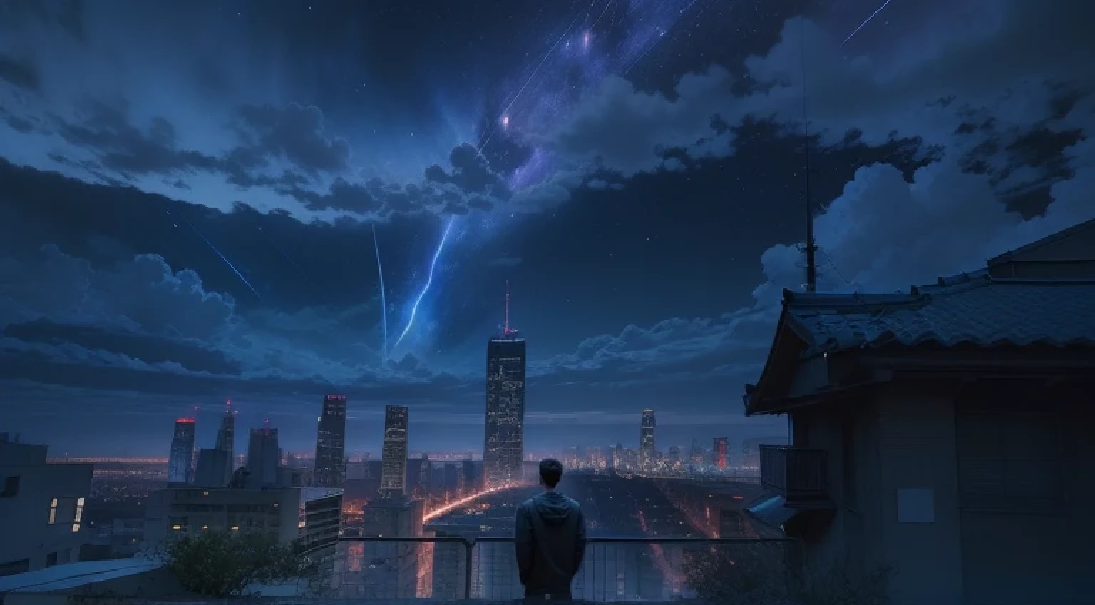 (best quality,4k,8k,highres,masterpiece:1.2),ultra-detailed,(realistic,photorealistic,photo-realistic:1.37),clear night,awe-inspiring cityscape,tall skyscrapers,unobstructed view,shooting stars lighting up the sky,man standing on a rooftop,amazed expression,onlooker,gazing up at the stars,curiosity,city lights shimmering below,calm atmosphere,gentle breeze,rustling leaves,twinkling lights,a sense of tranquility,serene moment,nighttime beauty,peaceful solitude,graceful movements of the stars,dramatic silhouette of the man against the night sky,majestic skyline of the city,limitless possibilities,awe-inspiring sense of wonder,mesmerizing city lights,magical ambiance,serenity in the urban chaos,sparkling stars contrasting with the dark background,city's energy and grandeur,realism capturing every intricate detail,high contrast,rich color palette,soft warm tones,subtle lighting,natural shadowing,crisp focus,meticulous attention to detail,professional-grade artwork,smooth brushstrokes,artistic composition,blending of realism and fantasy.