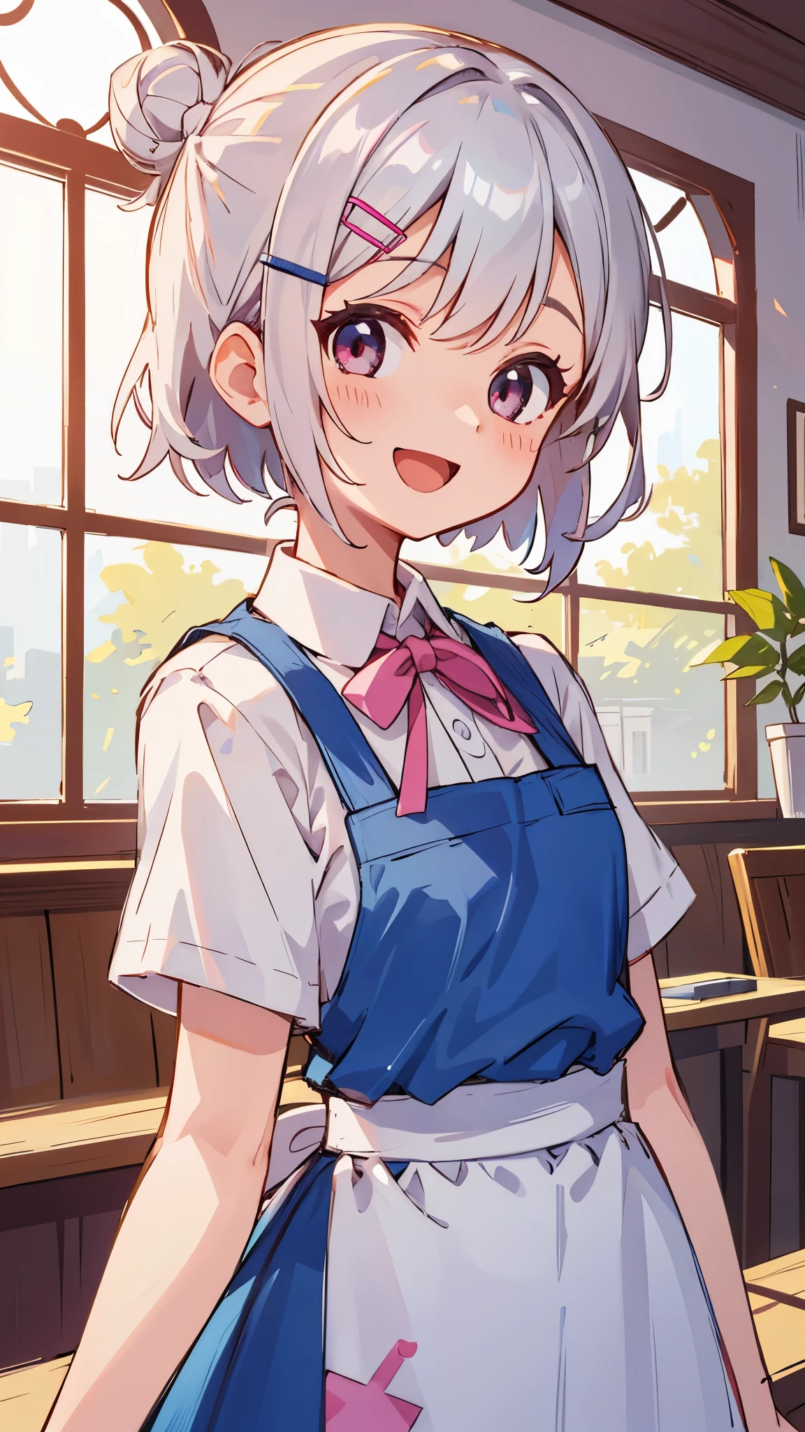 1 girl、Short hairstyles for silver hair and bob、Hair tied up in a bun with a hair clip、Shining pink round eyes、smile、opened your mouth、white blouse、blue skirt、Apron appearance、indoor、morning、Cafe、upper body close-up、sharp outline