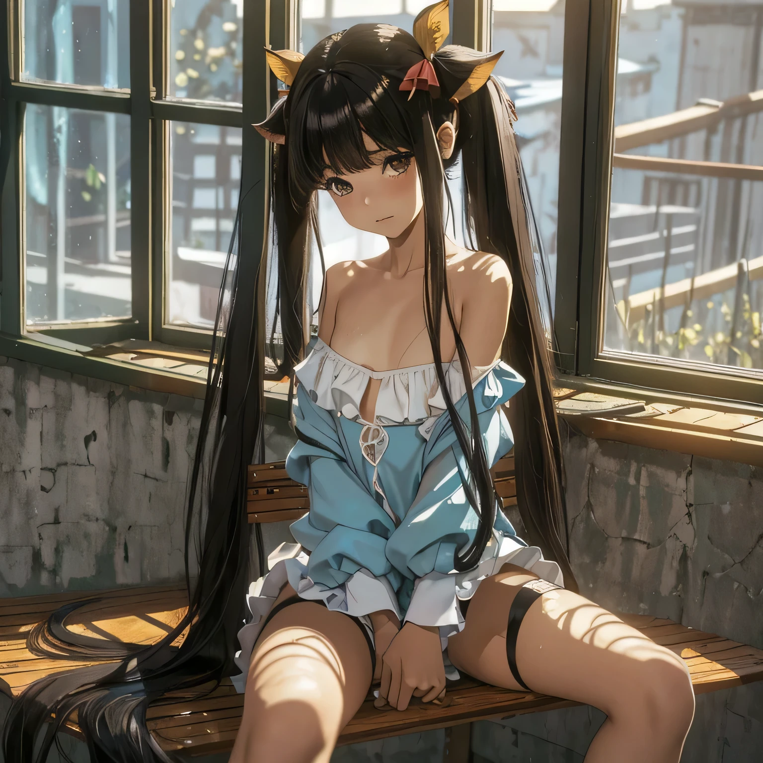 (((masterpiece))),(((highest quality))),(((very detailed))),figure, Mysterious, Bright colors, shiny , (Impressionism: 1.4), (very long hair that reaches down to the calves:1.5), (twin tails:1.5), (beautiful little brown black hair:1.5), (definition hair:1.3), (detailed eyes:1.3), A sad expression, blush, (Are sleeping), The whole body gets wet, Wet and see-through clothing, high viscosity water, ((low length)), (thin chest)