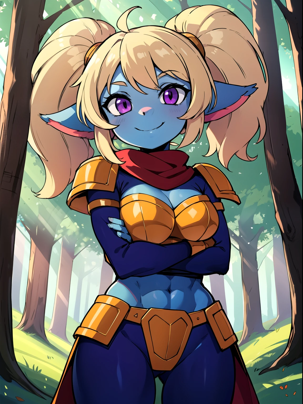 poppy, twintails,blue skin,furry,fluffy ears,yordle,shortstack,1girl,blonde hair,standing up,purple eyes,arms wide,hands,breasts,(armor),forest,sunlight,bush,abs,smile,hand on tree