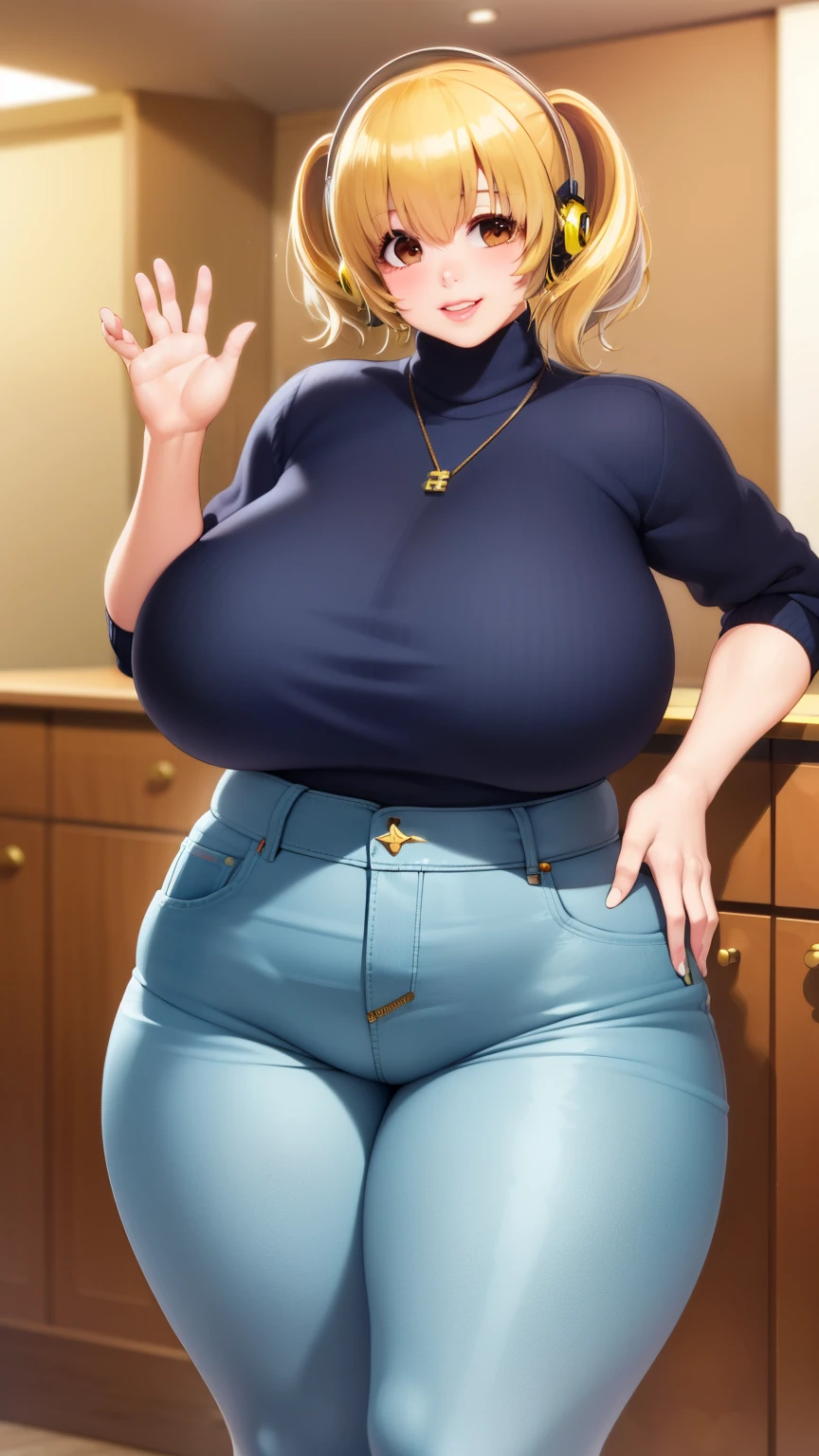 Super Pochaco, looking at the viewer, swollen lips, thick lips, wide hips, thick thighs, The face of longing desire, huge natural breasts, cleavage, mature mom, indoors, modern interior, Red turtleneck sweater, ribbed sweater , jeans, sexy pose, Open the zipper of your pants and show your panties