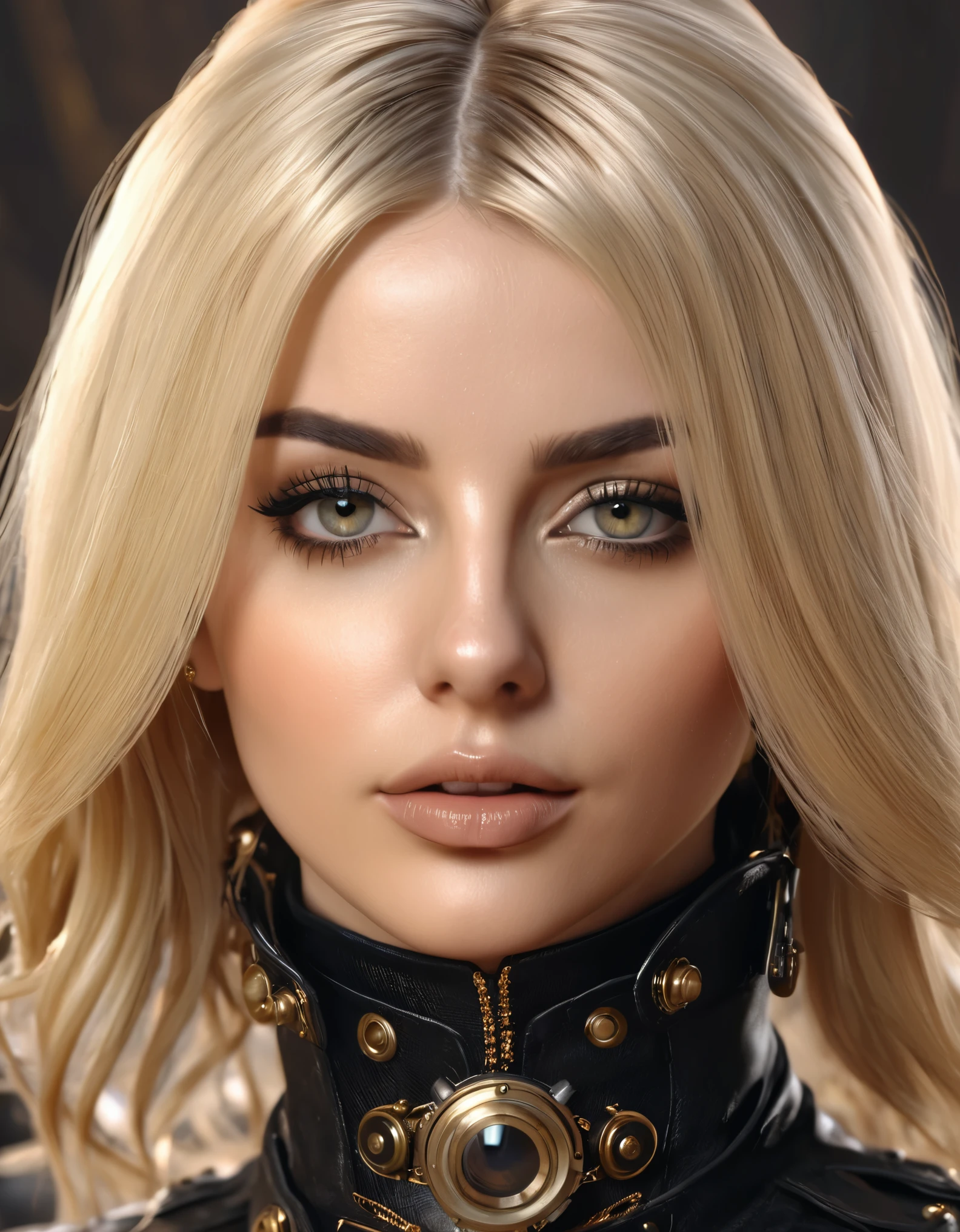 Masterpiece Best Quality, ultra high resolution, 4K detaillierte CG (Adriana Malkova 1.0) strahlende Augen, blondes Haar, Steampunk, with black splitoff Meshdress wearing Boots, nude