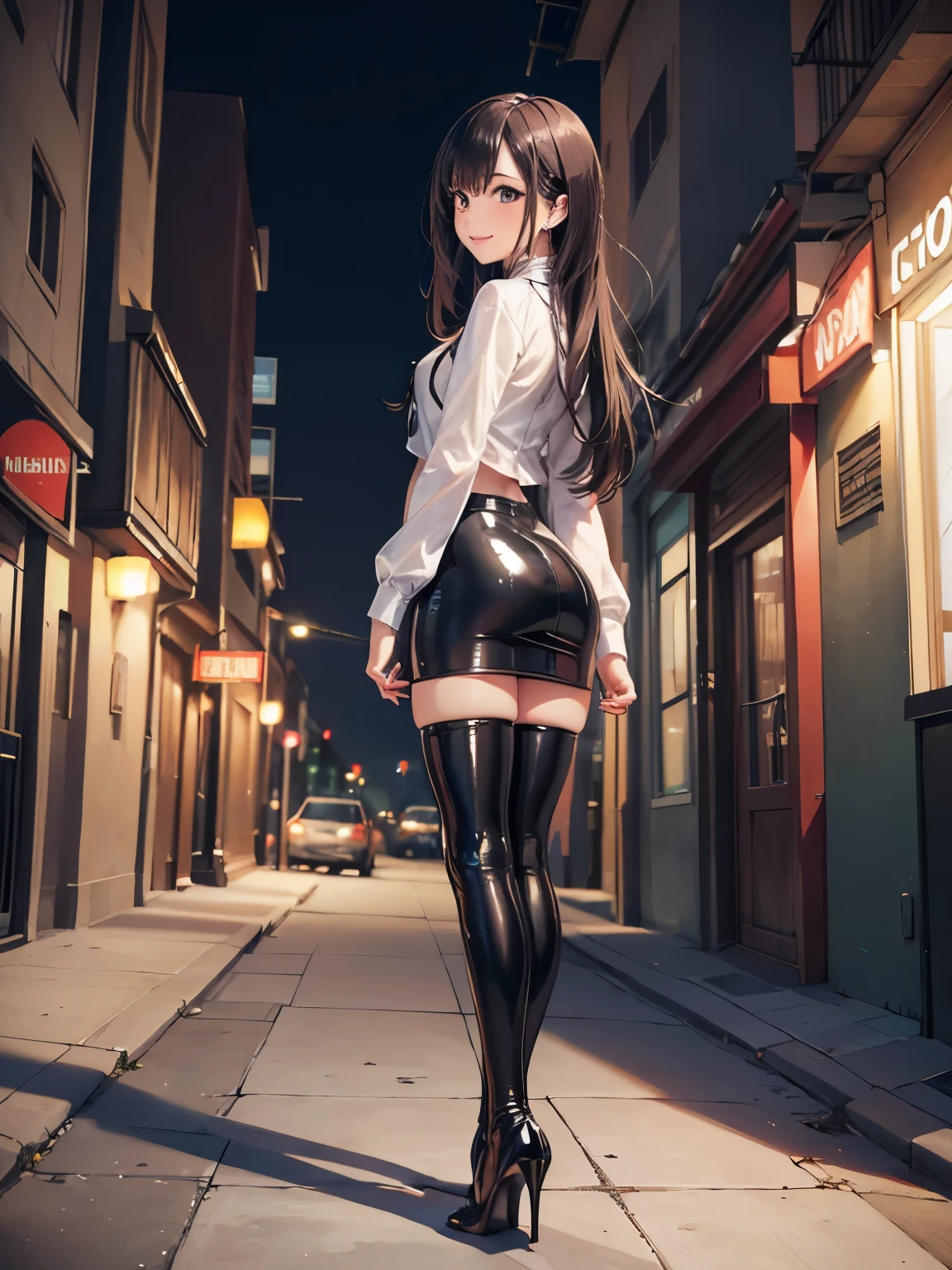 ((Biologically correct number of limbs))、(( Full body photo including face))、4K、masterpiece、((focus on the face))、((Symmetrical facial features))、Eyes of minute description、Beautiful woman、outstanding style、beautiful arms、beautiful legs、beautiful hands、(small ass、thin thighs)、Detailed depiction of faces、small earrings、necklace、(latex shirt、latex skirt、high heels)、close up of face、smile、rubber suit、walking on a city sidewalk