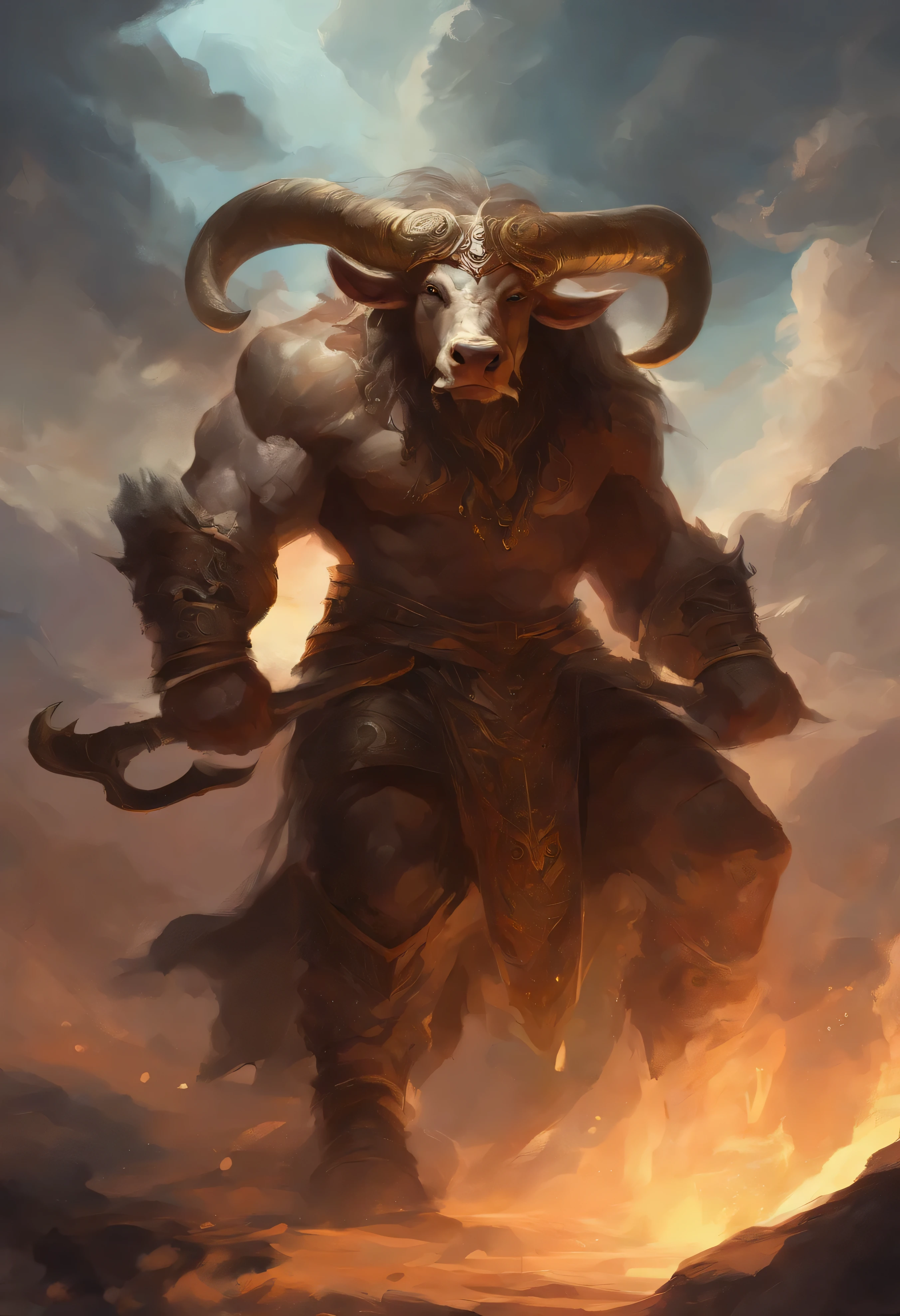 Majestic Minotaur, With a majestic bull head，Decorated with deep spiral horns, expressive eyes. kinetic, tattered clothes. The skin of bulls is dark brown，It is covered with a thin layer of, short jacket. He is standing up, Ready to fight, A large axe in one hand，A determined expression appeared on his face. The background is an epic backdrop，Dramatic clouds and sunlight fill the sky.