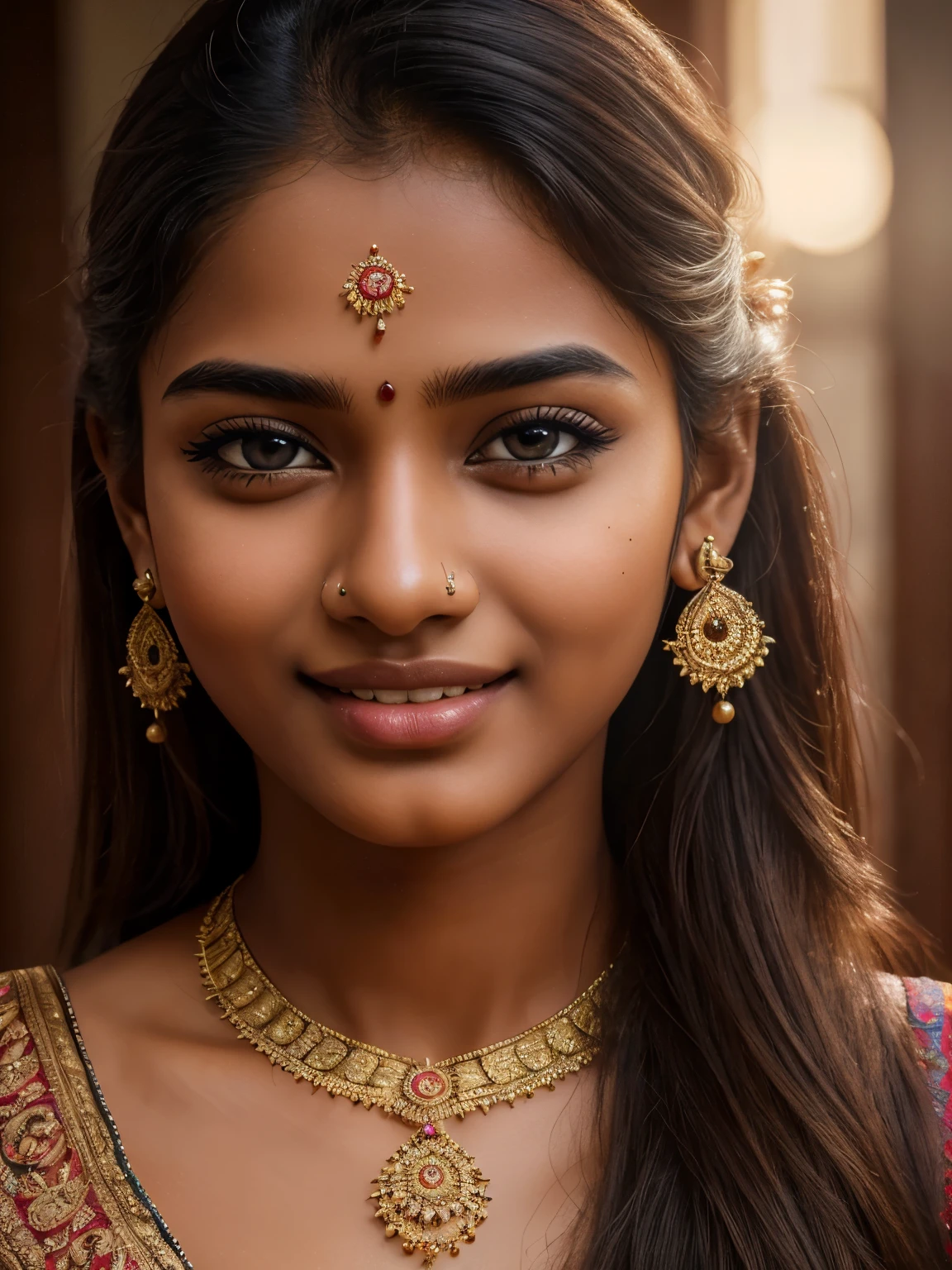 (high quality, masterpiece, HDR, 256K), (hyper-realistic, photorealism) 20 year old extremely beautiful Tamil girl, (intricate detailed extremely beautiful face, eyes, ears, nose, lips, textured skin), eyes symmetry, (bright smile)