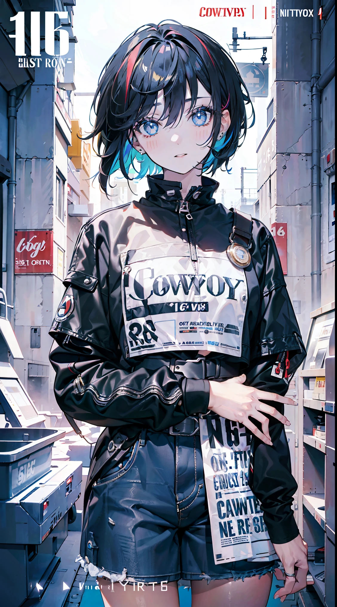 ((mixed colors hair)), bright lighting, masterpiece,1girll, ((short hair)), ((-yeld fee model)), (((cowboy shot)) 2D, detailed eyes, ((Text)), tile, cover, bold, attention-grabbing, title, stylish, ((font)), catchy, headline, beautiful eyes, eyes focus, detailed hands, ((better fingers)),