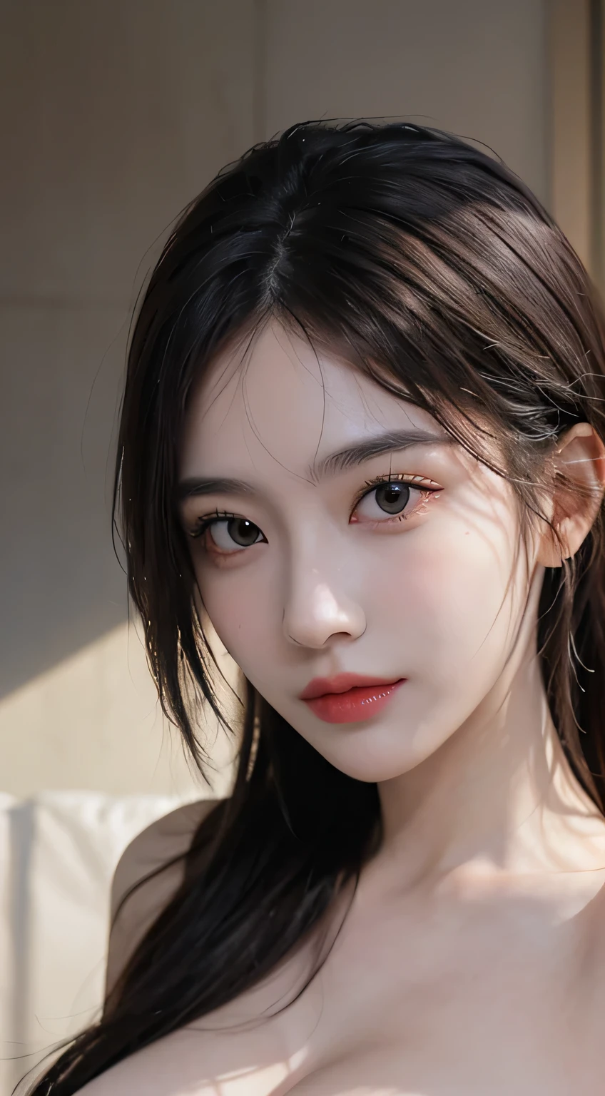 Photocinematic, detailed facial features, no-makeup, Realistic skin, born, Urzangarh, Phantom High Speed Camera, shadow play, A hyper-realistic, Detailed Face - AR 16:9 --s 750 --v 5.2、I can see the cleavage、smil，