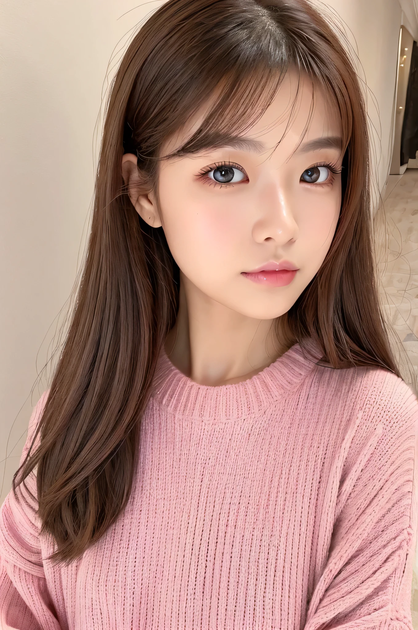 (Masseter muscle film,Super quality,16ｋ,ultra - detailed,Complicated details,actual,Photographic realism,perfect anatomia,profesional lighting、proporções perfeitas,s the perfect face,18 years old girls,kawaii,Ultra-detailed eyes、Kawaii's eyes、Well-proportioned face、二重まぶた、pretty hair、dynamicposes）、Long pale pink curly hair：1.5、Redlip、White loose turtleneck sweater