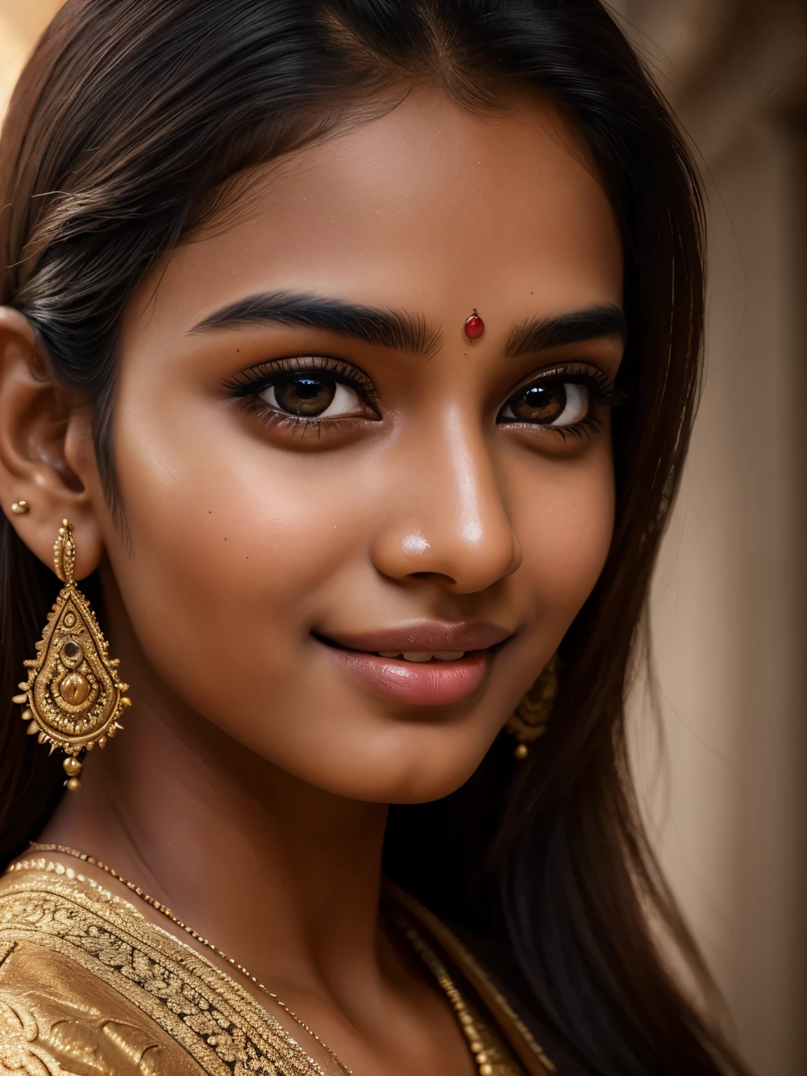(high quality, masterpiece, HDR, 256K), (hyper-realistic, photorealism) 20 year old extremely beautiful Tamil girl, (intricate detailed extremely beautiful face, eyes, ears, nose, lips, textured skin), eyes symmetry, (bright smile)