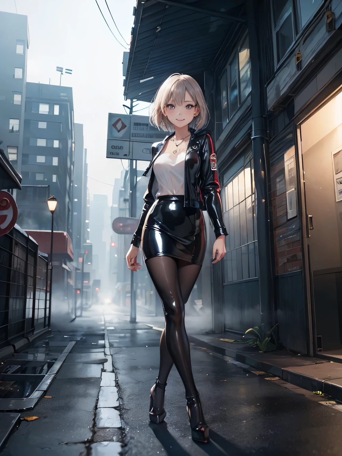 ((Biologically correct number of limbs))、(( Full body photo including face))、4K、masterpiece、((focus on the face))、((Symmetrical facial features))、Eyes of minute description、Beautiful woman、outstanding style、beautiful arms、beautiful legs、beautiful hands、(small ass、thin thighs）、Detailed depiction of faces、small earrings、necklace、(latex shirt、latex skirt、high heels）、close up of face、smile、rubber suit、walking through a deserted city area、Fog is coming out、dense fog、