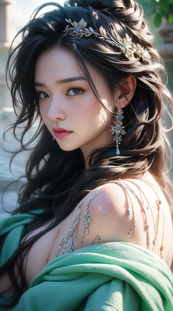 (masterpiece), (best quality:1.4), Ridiculous, [:intricate details:0.2], 1 girl, (naked towel), (fountain, hot spring:1.2), hydrated skin, (FOG:1.2), mist, skin shiny, Glowing skin, (partially submerged in the hot spring:1.2), (wet hair:1.2), mist, wet, moisture,full-body shot