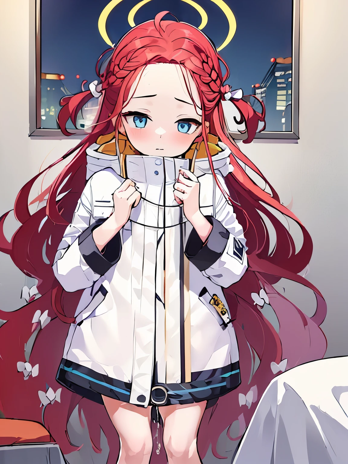 (((masterpiece, high quality,4K resolution))), blue eyes, fine eyes, red hair, long hair, white coat, small breasts,no text,(((coat over naked,)))orgasm,cum in pussy, Hotel,indoor,on the bed,cum on chest,2 men,sex,gang rape,