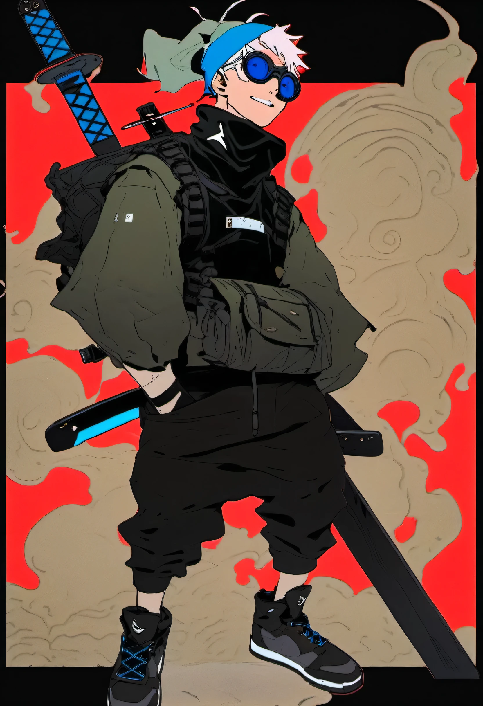 A boy wearing a white bullet proof vest and a black long sleeve underneath. Black jeans and wearing Jordan 1s shoes. He’s wearing a black scarf and has an excited expression. He has a sword on his back and a black triple pouch tactical sling on his front going from his right shoulder to his left side of the waist. He is wearing a beanie with a glow smile on it and wearing a pear of red goggles over top it. Jujutsu kaisen style art. 2 arms, 2 legs, 2 eyes, eyes are blue.