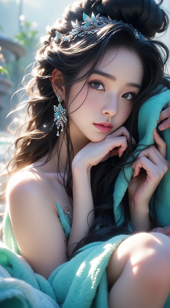 (masterpiece), (best quality:1.4), Ridiculous, [:intricate details:0.2], 1 girl, (naked towel), (fountain, hot spring:1.2), hydrated skin, (FOG:1.2), mist, skin shiny, Glowing skin, (partially submerged in the hot spring:1.2), (wet hair:1.2), mist, wet, moisture,full-body shot