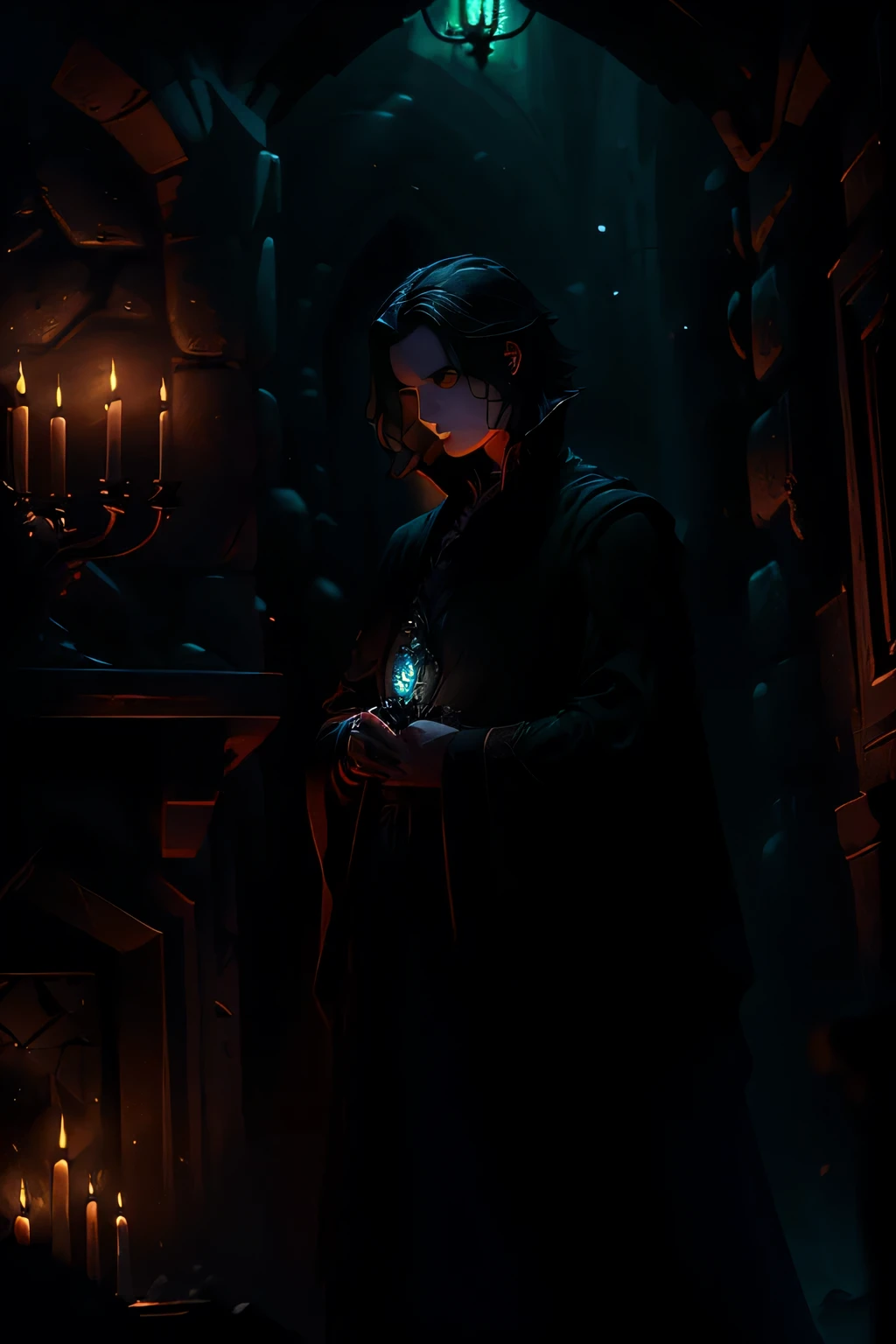 In the depths of Hogwarts castle, a solitary figure casts an eerie silhouette against the moonlit night. Draped in a long black robe, Severus Snape's greasy hair hangs limply over his shoulders, framing his piercing black eyes. With a cauldron bubbling over a roaring fire, Snape meticulously concocts potions, his face contorted in concentration. The nightmarish brews he creates emit a strange, otherworldly glow, casting light particles that dance and flicker in the dark. The walls around him are adorned with dark green wallpaper art, adding to the ominous ambiance of