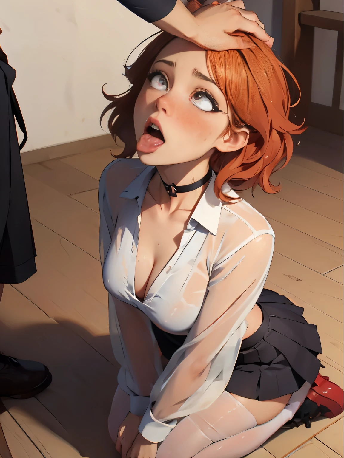 (masterpiece, best quality) (((8kbestqualitty))), ((intricatedetail)) ((blushing)), 1man, man standing above woman, male hand holding womans head, headpat,wet, sweaty, fair skin, redhead hair, short wavy hair, waifu freckles, ((submissive eyes)),choker, slutty woman nsfw outfit, ((messy hair)), short skirt, fishnet thighs, wet shirt, beautiful outfit, see through material, linen clothes, posing, kneeling, thick thighs, wet clothes, see through clothes, stockings, ((( diminutive waist))), birds eye view, pov, high angle, sideviewblowjob, on her knees, open thighs, hands behind her, ((kneeling)), on her hands and knees, cumshot view, tongue out, mouth open, ahegao, sexy ahegao eyes