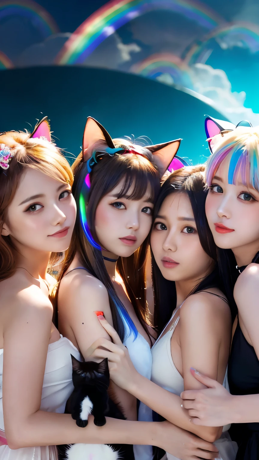 masterpiece, 4k, Bokeh, beautiful face, Harem, (multiple girls:1.4), (Group Photo:1.5), (Cat ears:1.3), (white bob hair:1.3) , looking at the viewer, cowboy shot, holding many cats in both hands, (bibid Rainbow color background :1.4), closeup