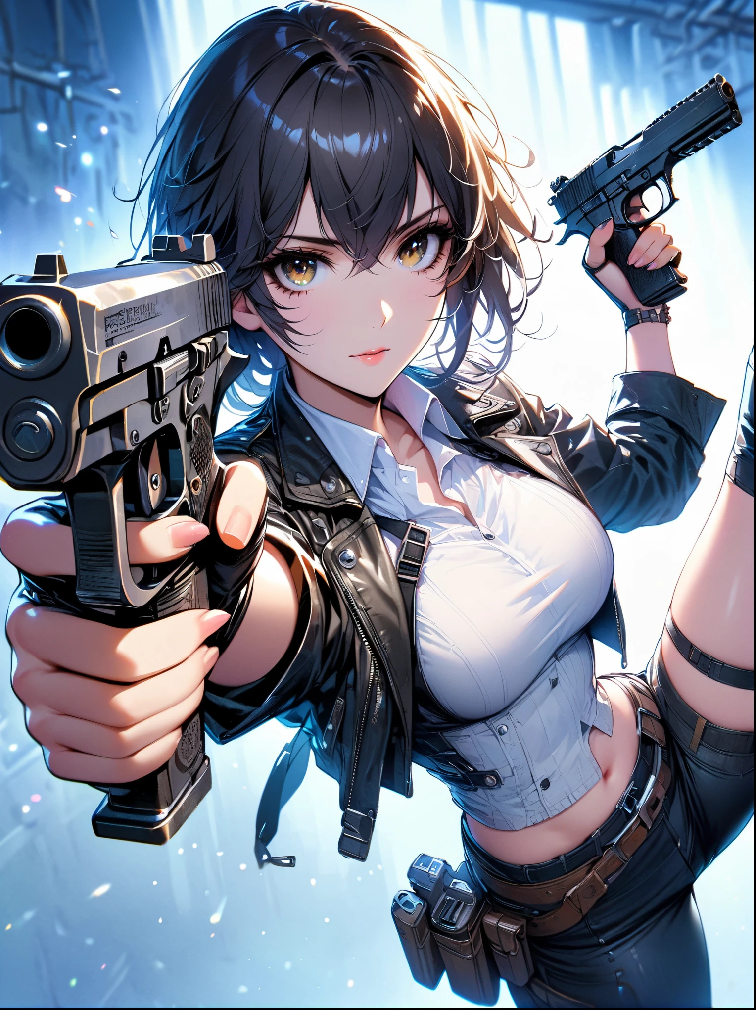 (best quality:1.2), 1 girl, standing_split, long black hair, white vest, black leather pants，black leather jacket, Beautiful and delicate eyes, Beautiful and delicate lips, Extremely detailed eyes and face, long eyelashes, bright colors, professional, Super detailed, actual, studio lighting, Physically based rendering，holding gun with both hands，Aim at you