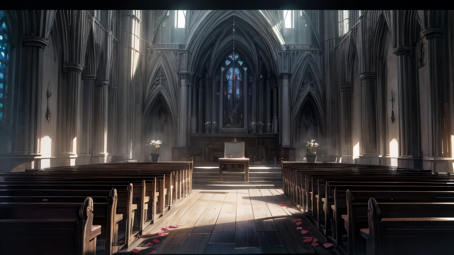 (dark),room,church,flower,western-style,country,night,(best quality,4k,8k,highres,masterpiece:1.2),ultra-detailed,(realistic,photorealistic,photo-realistic:1.37),HDR,UHD,studio lighting,ultra-fine painting,sharp focus,physically-based rendering,extreme detail description,professional,vivid colors,bokeh,portraits,landscape,horror,anime,sci-fi,photography,concept artists,monochrome,soft lighting,moonlight,gothic,illuminated stained glass windows,lonely,withered petals,mystical atmosphere,lonely,enchanted,tranquil,serene,quiet solitude,silhouette of a single figure,elaborate pews,artistic arrangement of flowers,enchanted garden,wooden floor,antique furniture,minimalistic design,labelled wine bottles,peaceful serenity of the countryside,intimate,calm environment,majestic architecture,vibrant bloom