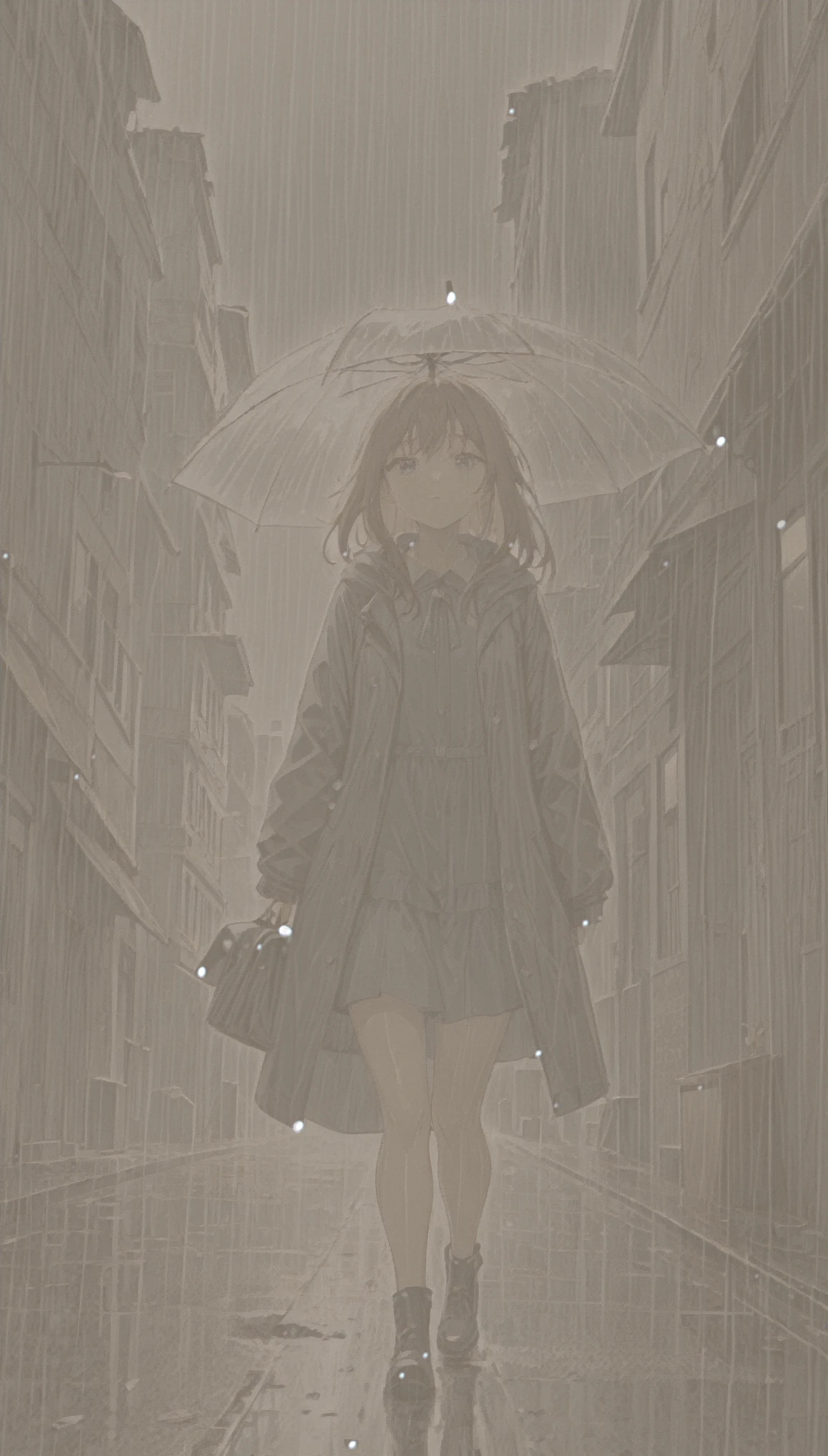 One is walking through a city that is in ruins, Then it starts to rain and she finds her house raining