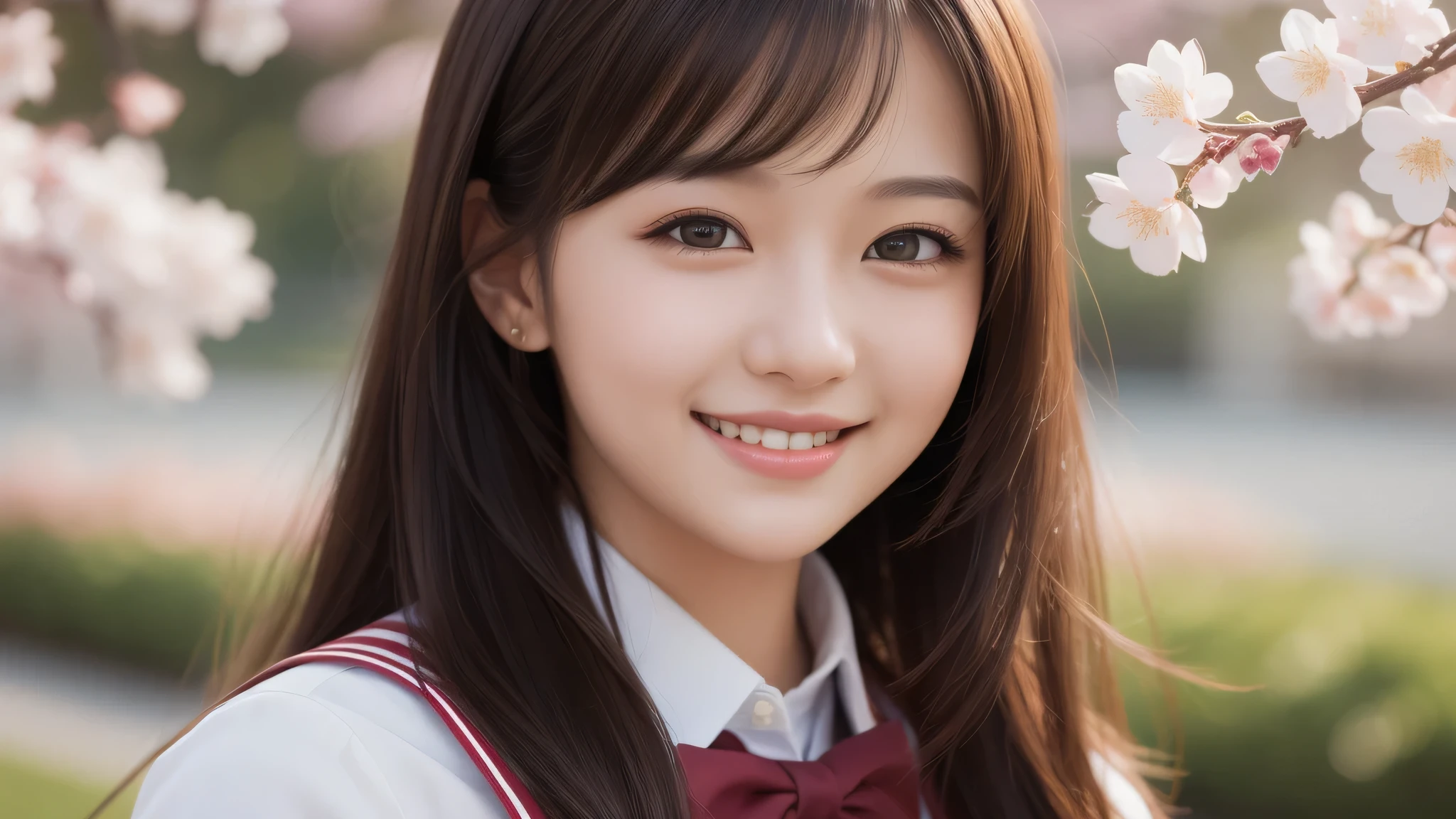 1girl, (long hair), cute smile, brown eyes, (highly detailed Beautiful face), (high school uniform:1.2), (Best Quality), (extremely detailed CG unified 8k wallpaper), Highly detailed, High-definition raw color photos, Professional Photography, Realistic portrait, evening, Extremely high resolution, smiling, cherry blossoms,