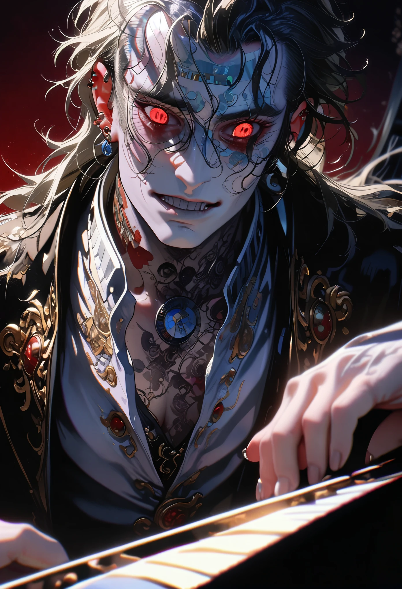 (8K, RAW photos, Best quality, tmasterpiece: 1.4))), (((The man who plays the piano:2))), ultra - detailed, lamplight, Close-up cleavage, Handsome men, red eyes, (detailed eyes, The eyes are bright:1.2), Black medium long hair, Vampires, pale-skinned, ear piercings, Dark, Blackn clothes, Meticulous clothes, gold accessories on clothes, Sharp fangs, (perfect anatomia:1.2), Highqualityshadow, natural lightting, (White highlights:1.2), natta, overcast day, (neck tattoos:1.2), (starrysky:1.2)