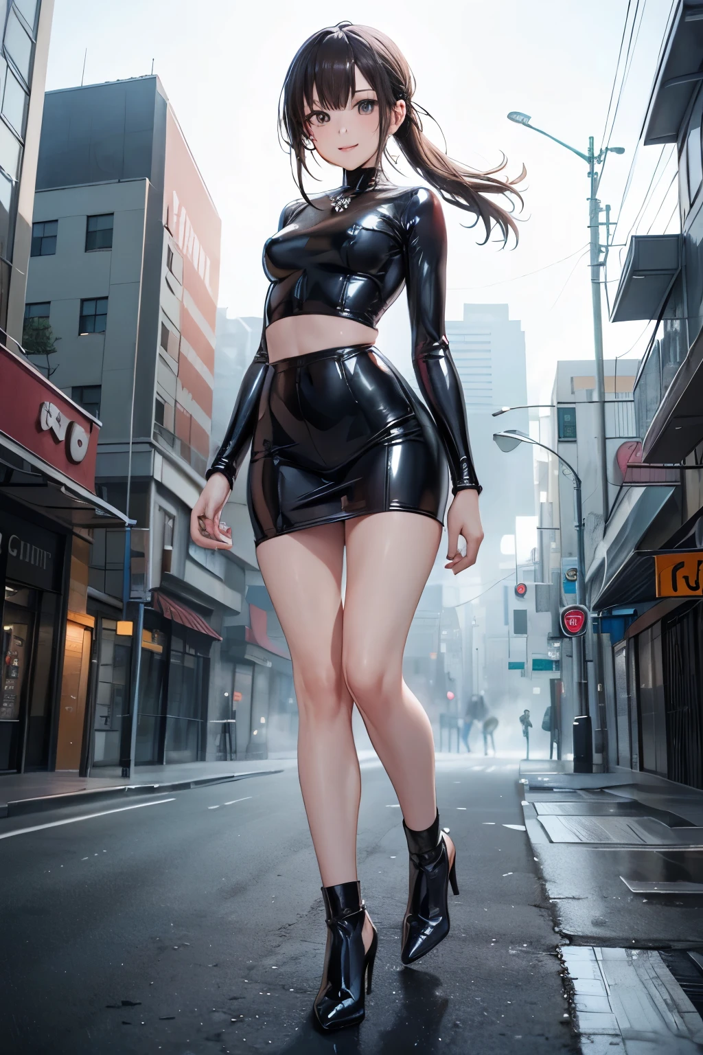 physically-based rendering, 1girl, Female model chinese, (huge fake breasts:1.1), (street city), muscular body, slender, slim waist, big buttocks, expose muscle abs, (Full body:1.3), tight leather short skirt, cleavage, tight crop top sweater full body.