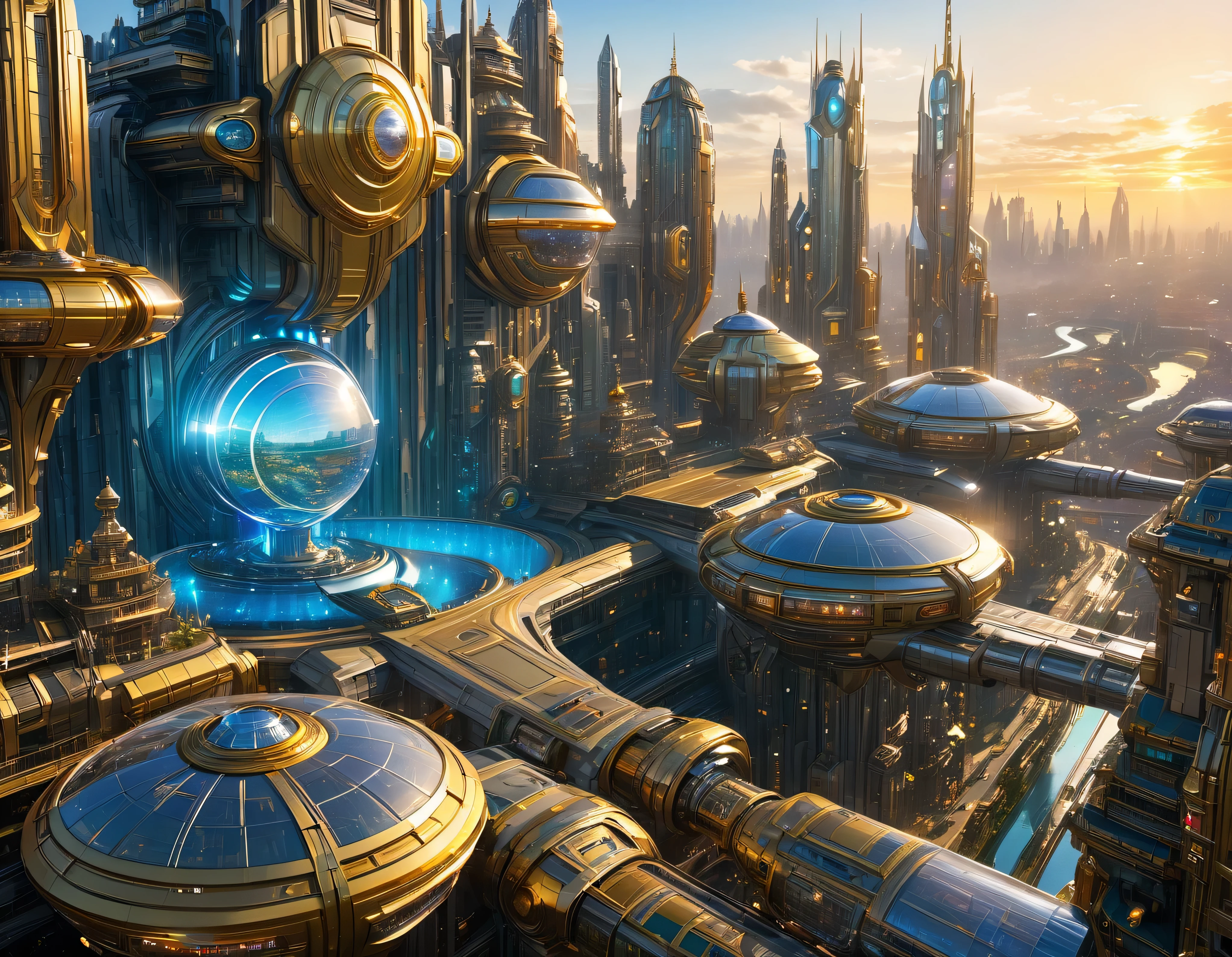 (golden hour lighting), megacity, megalopolis of an imaginary world of science fiction , parecido a una disneylandia futurista, and maximum fantasy, con inmensos edificios y rascacielos ovalados y dodecaedricos agrupados de metal y cristal donde predomina el diamante y los anuncios luminosos de colores. imagen bien definida 8k, (intrincados detalles de la maquina), con muchos edificios juntos.(obra maestra de superior calidad).(imagen fotorrealista), nitidez absoluta hasta el fondo