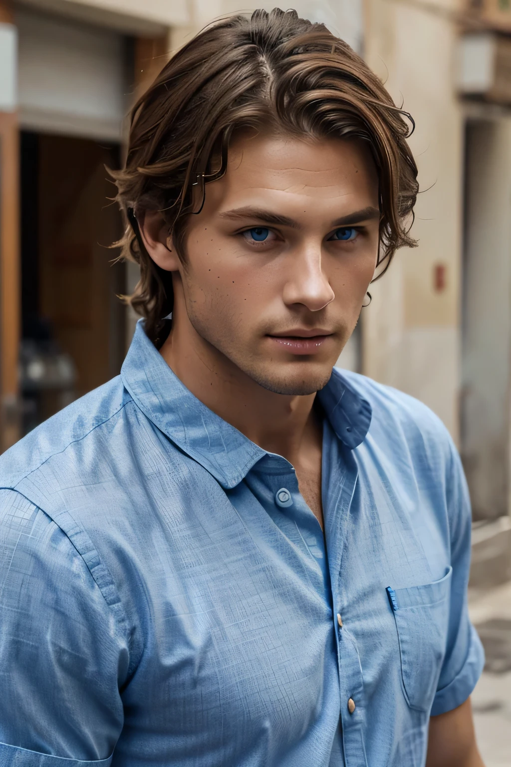 1 person, in Spain street Beautiful blue eyes and face details, Dressy shirt, nice body, strong build top quality, Medium Hair Man, messy hair, brown hair, Visser style hair、blue eyes, toned body, (male model) warm skin, handsome man of the world