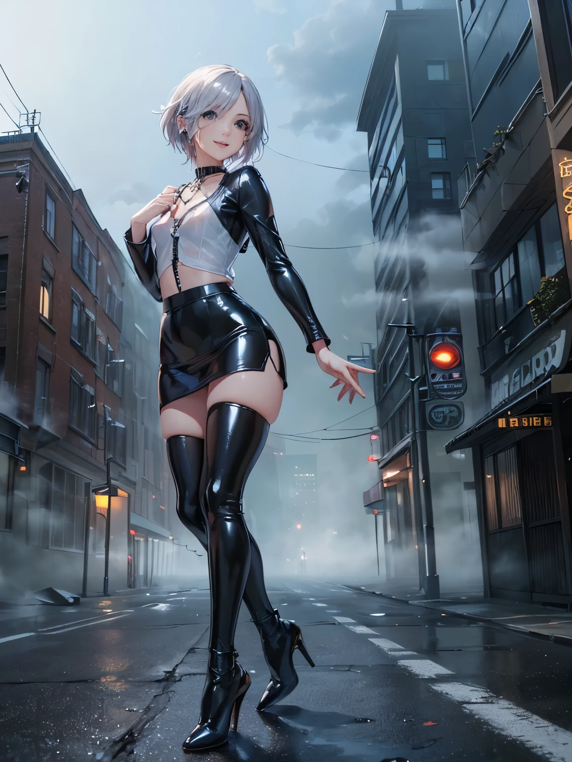 ((Biologically correct number of limbs))、(( Full body photo including face))、4K、masterpiece、((focus on the face))、((Symmetrical facial features))、Eyes of minute description、Beautiful woman、outstanding style、beautiful arms、beautiful legs、beautiful hands、(small ass、thin thighs)、Detailed depiction of faces、small earrings、necklace、(latex shirt、latex skirt、high heels)、rubber suit、close up of face、smile、((A city shrouded in fog))、walking through a deserted city area、A world like Final Fantasy、